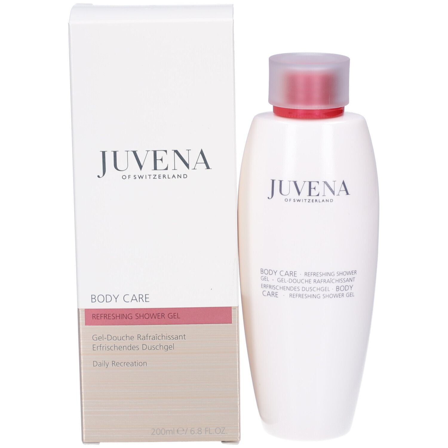 Boîte et flacon blancs. Inscription: Juvena, Body Care, Refreshing Shower Gel, 200ml.