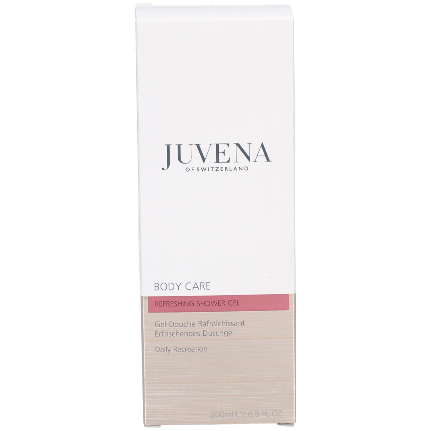 Boîte blanche. Inscription: Juvena, Body Care, Refreshing Shower Gel, ingrédients.