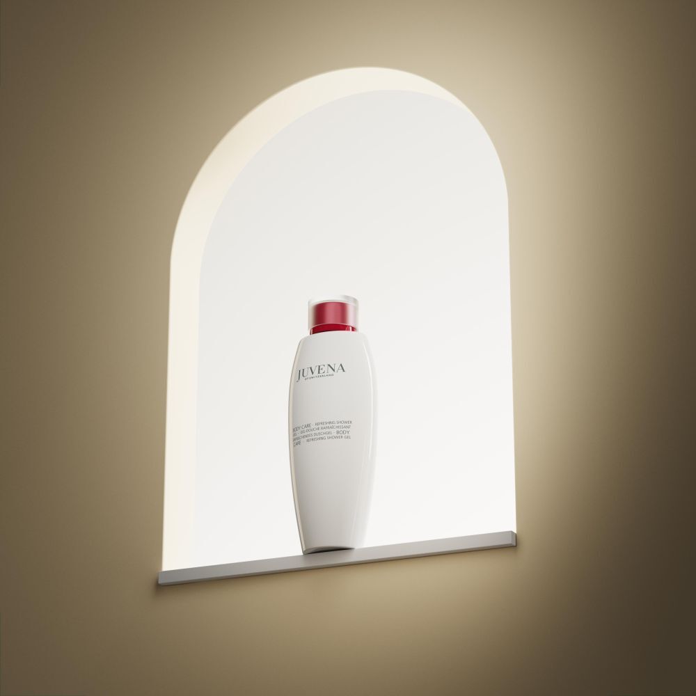 Flacon blanc, bouchon rouge dans une niche éclairée. Inscription: Juvena.