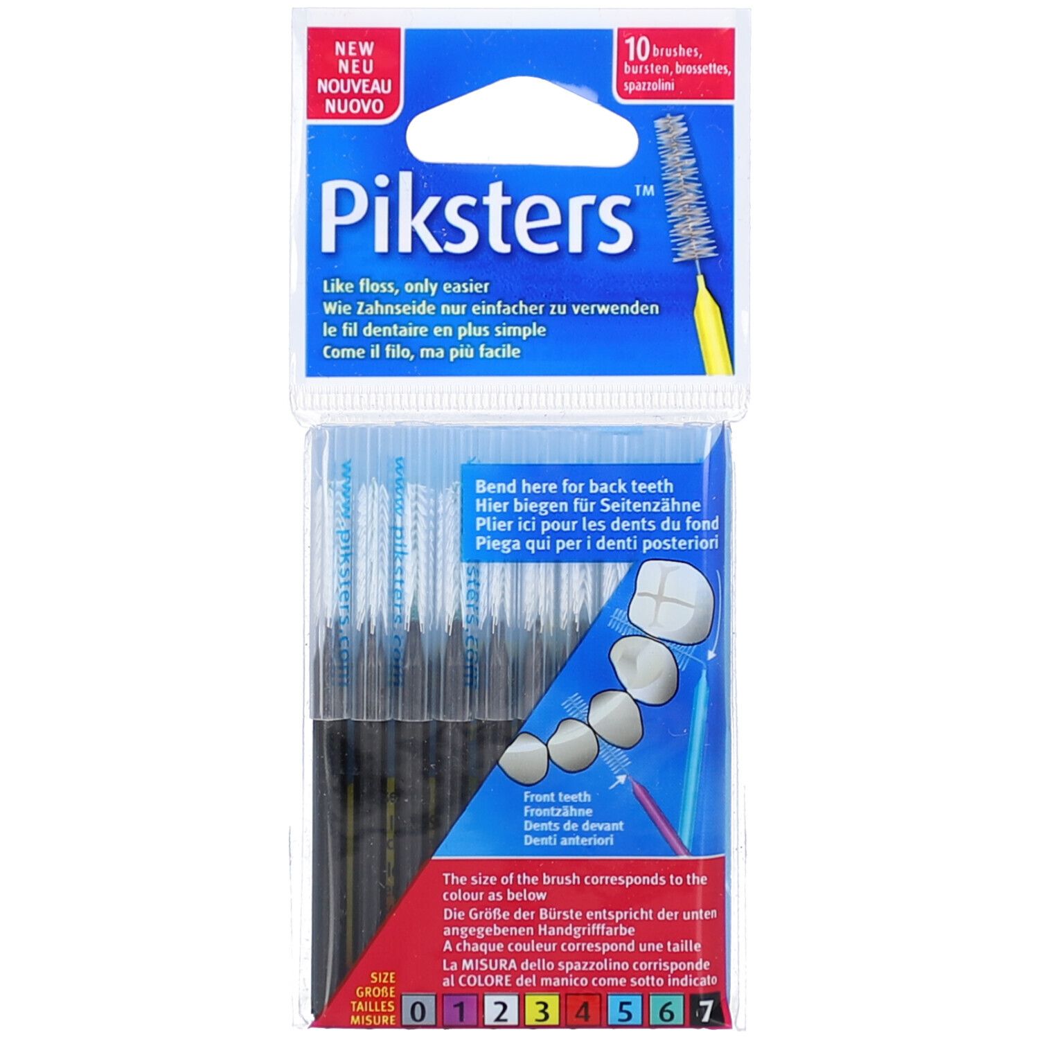 Verpakking met Piksters interdentale borstels. 10 stuks. Verschillende maten, kleurgecodeerd. Tekst: 'Like floss, only easier'.