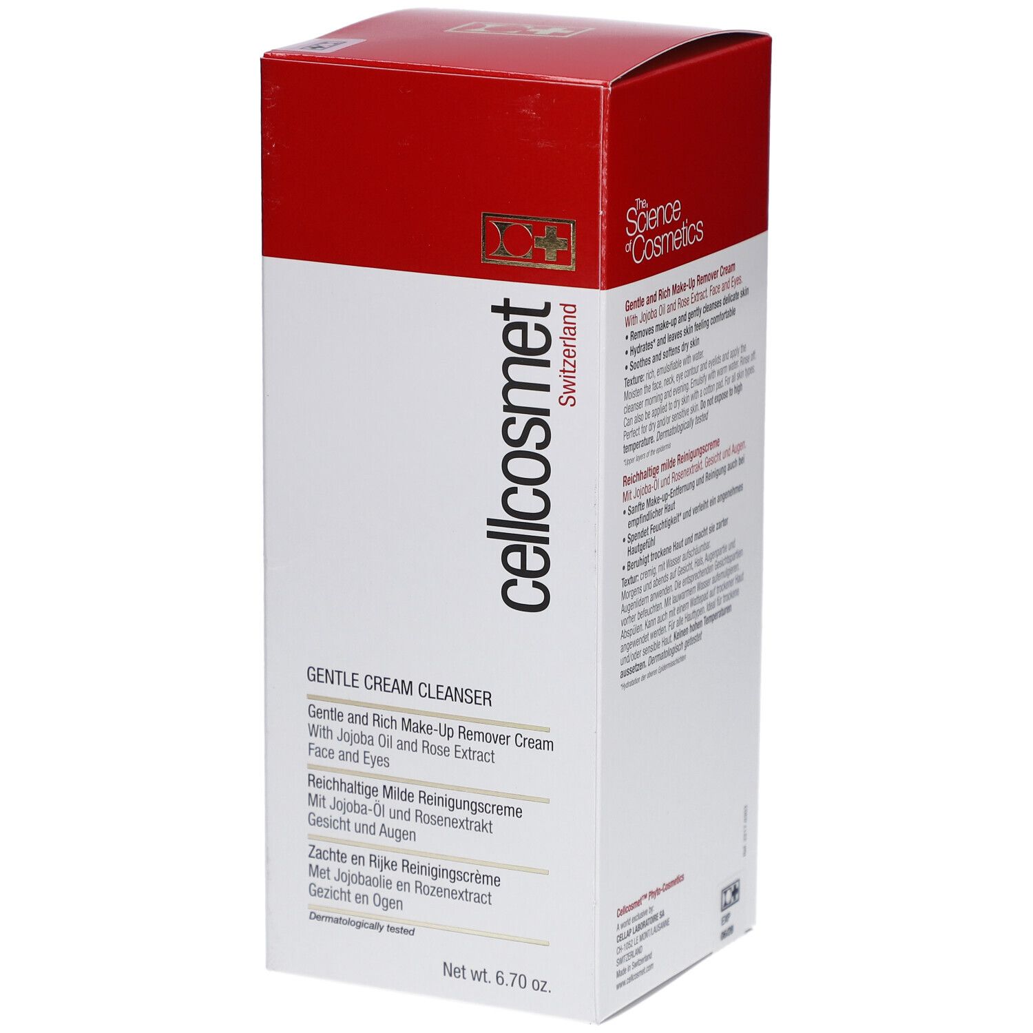 Wit en rode verpakking met productinfo. Tekst: cellcosmet, Gentle Cream Cleanser. Bevat jojoba-olie en rozenextract.