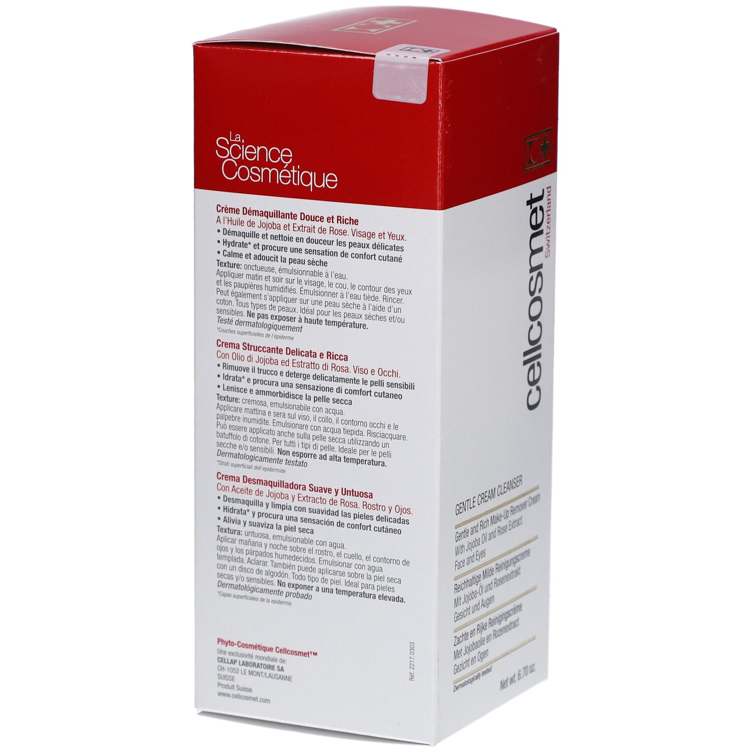 Verpakking met productinfo. Tekst: cellcosmet, Gentle Cream Cleanser. Bevat jojoba-olie en rozenextract. Meertalig.