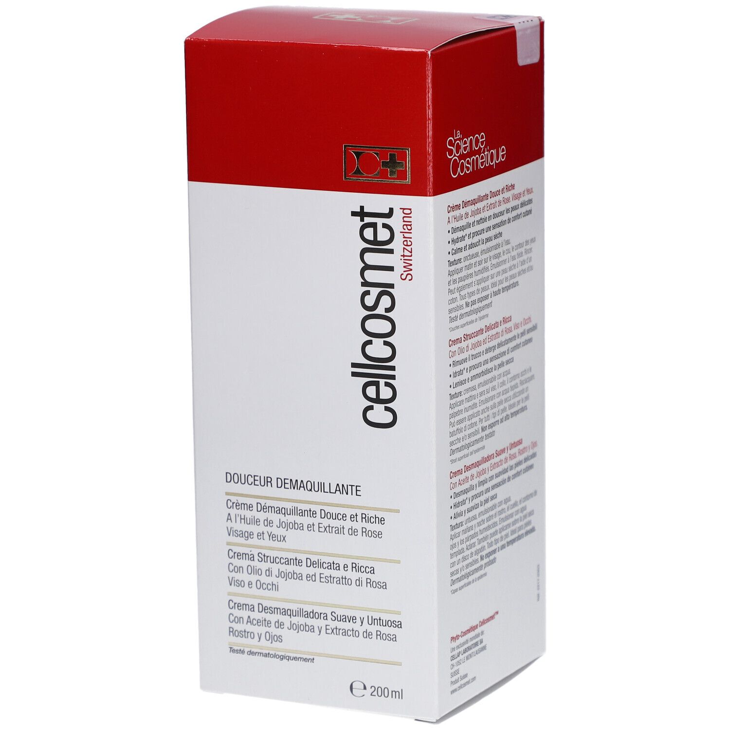 Verpakking met productinfo. Tekst: cellcosmet, Douceur Demaquillante. Bevat jojoba-olie en rozenextract. 200 ml.
