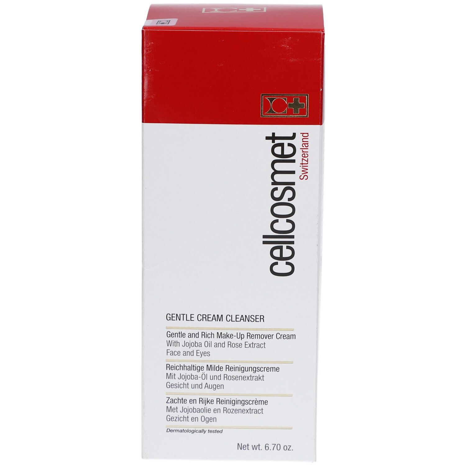 Wit en rode verpakking met productinfo. Tekst: cellcosmet, Gentle Cream Cleanser. Bevat jojoba-olie en rozenextract.