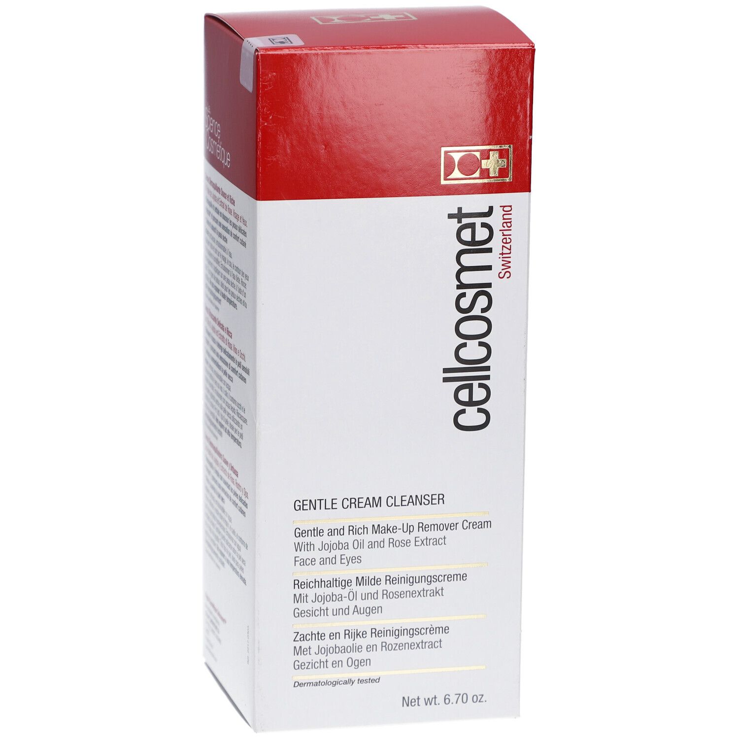 Wit en rode verpakking met productinfo. Tekst: cellcosmet, Gentle Cream Cleanser. Bevat jojoba-olie en rozenextract.