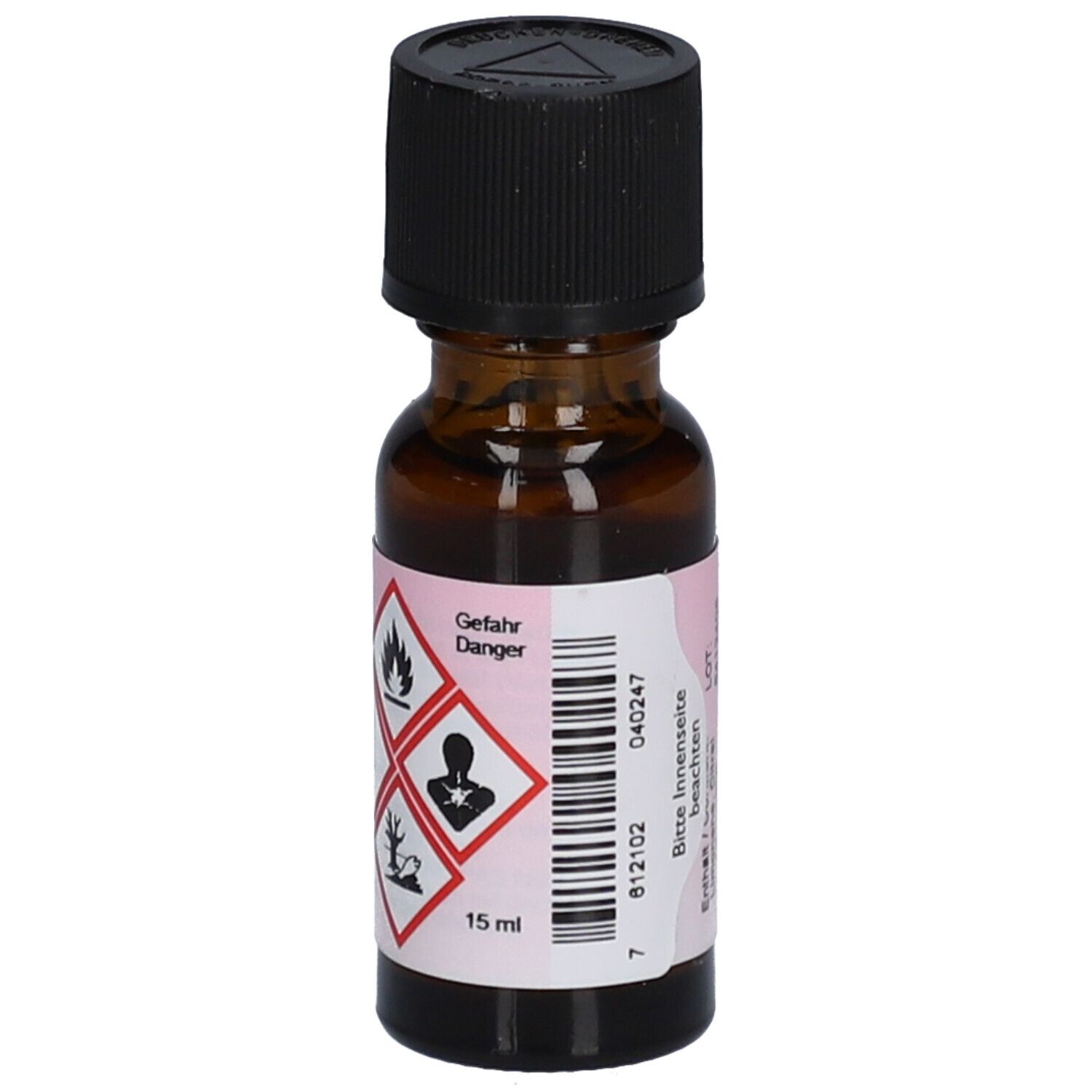 Flacon en verre brun avec bouchon noir. Étiquette avec symboles de danger et indication 15 ml. Herboristeria.