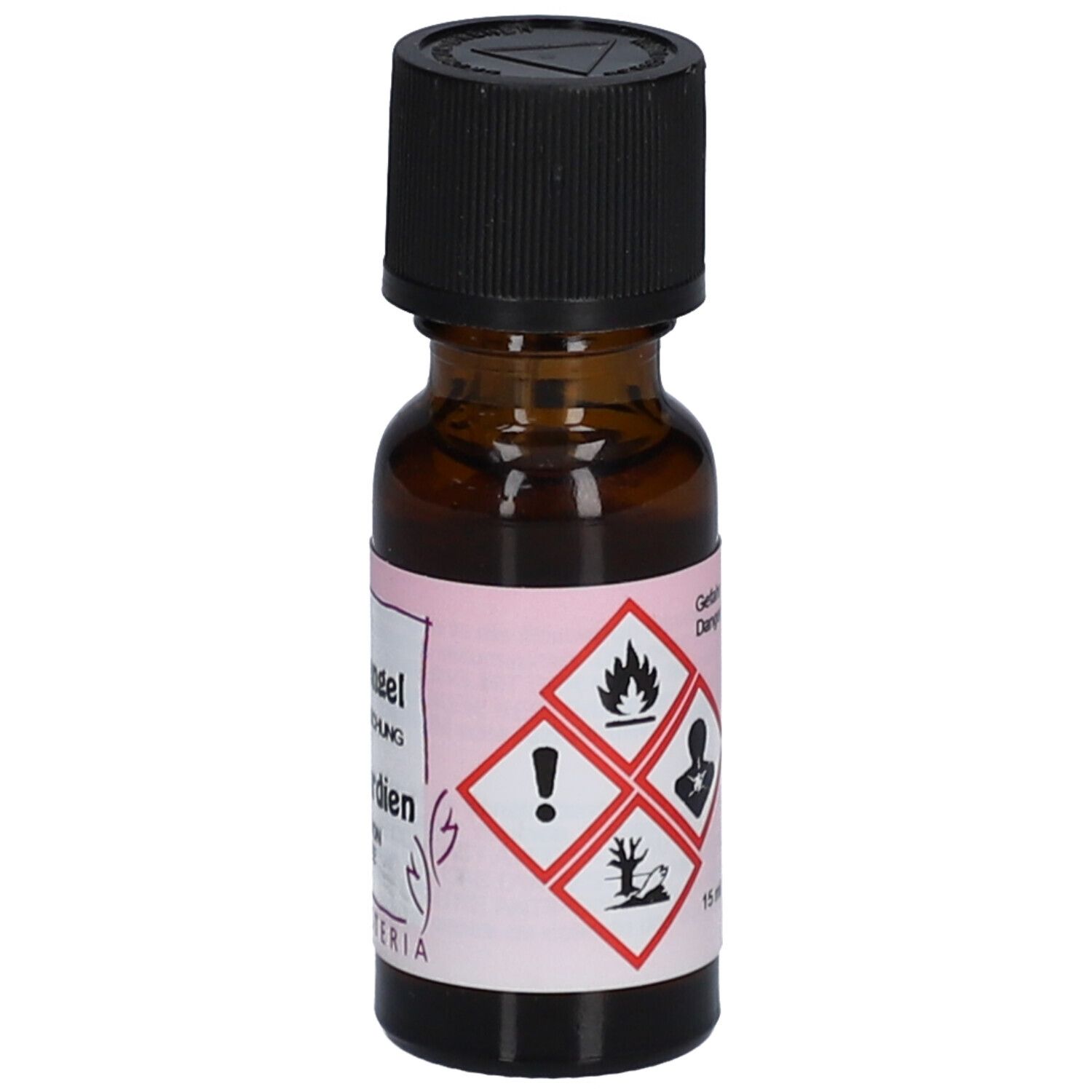 Flacon en verre brun avec bouchon noir. Étiquette avec symboles de danger et indication 15 ml. Herboristeria.