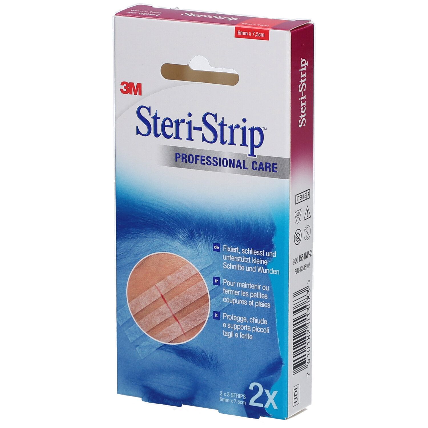 Verpakking van 3M Steri-Strip. Bevat 2 x 3 strips. Afmeting: 6 mm x 75 mm. Productnaam en merk duidelijk zichtbaar.