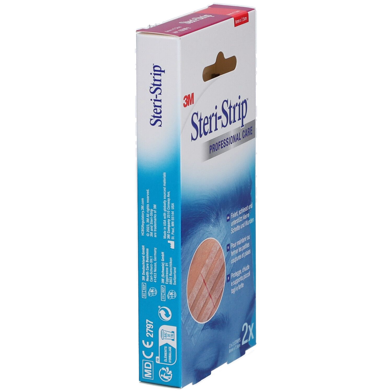 Zijaanzicht van de 3M Steri-Strip verpakking. Productnaam en merk zichtbaar. Bevat 2 x 3 strips. CE-markering.