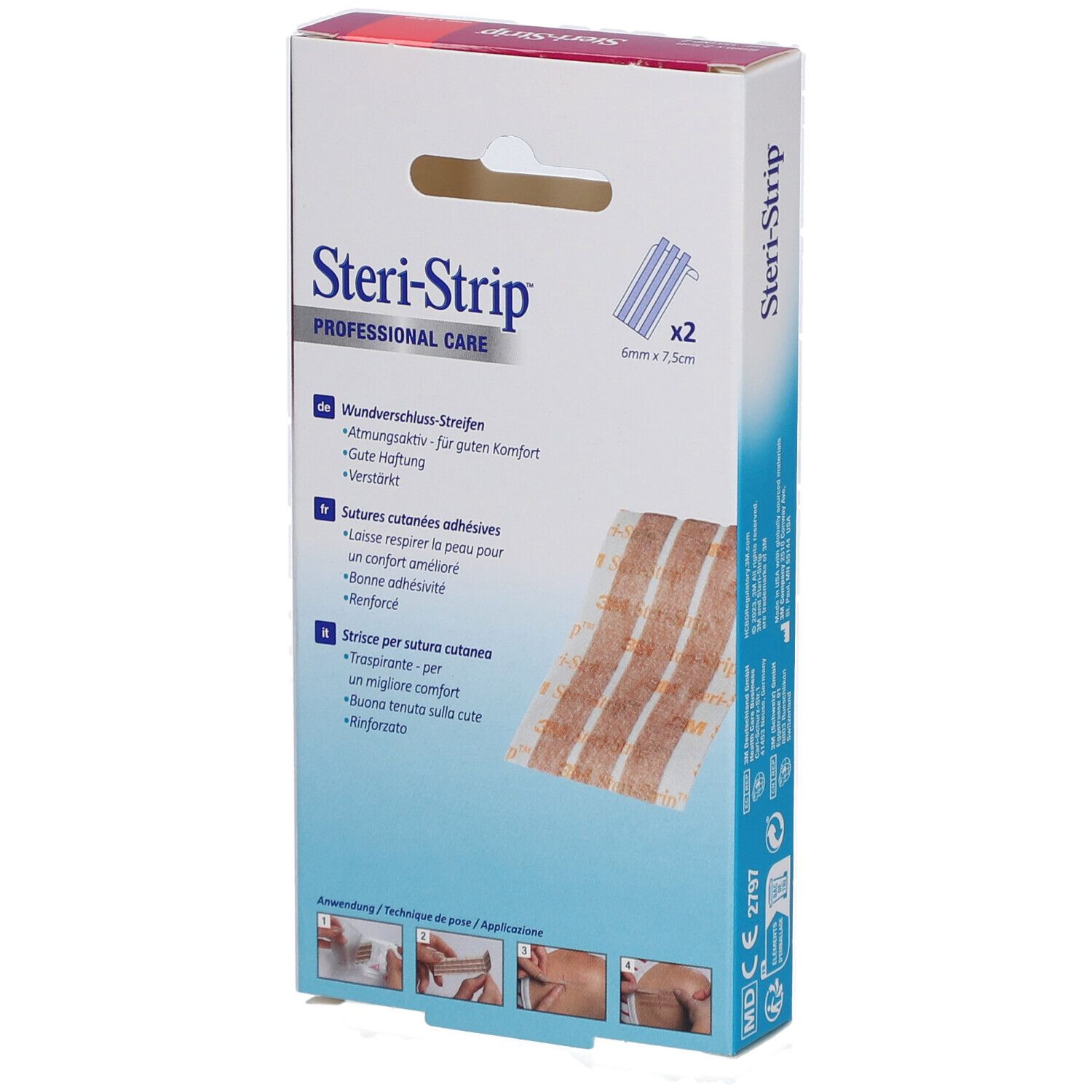 3M Steri-Strip verpakking. Productnaam en merk zichtbaar. Bevat 2 x 3 strips. Illustratie van de toepassing.