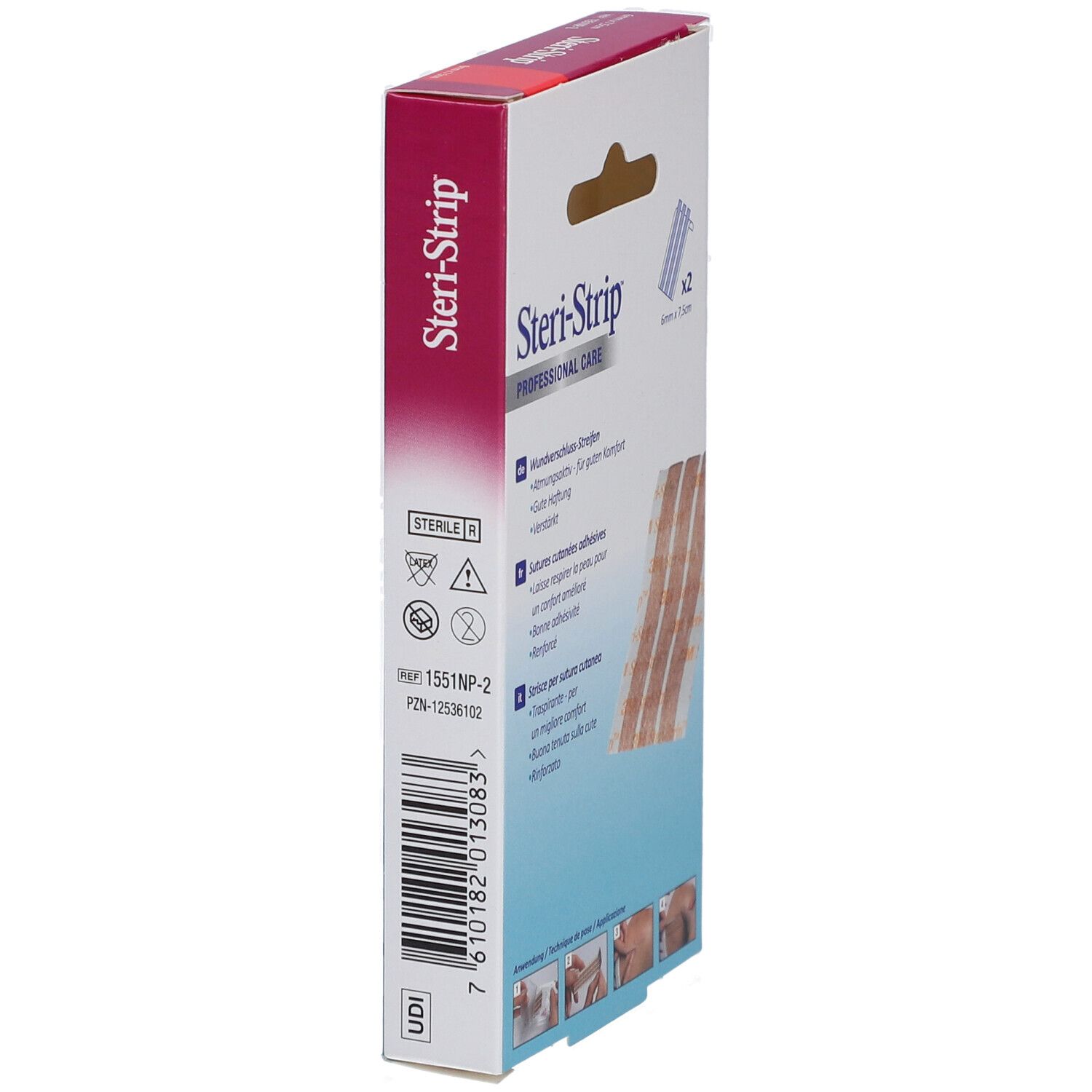 Zijaanzicht 3M Steri-Strip verpakking. Productnaam en merk zichtbaar. Bevat 2 x 3 strips. Gebruiksaanwijzing.