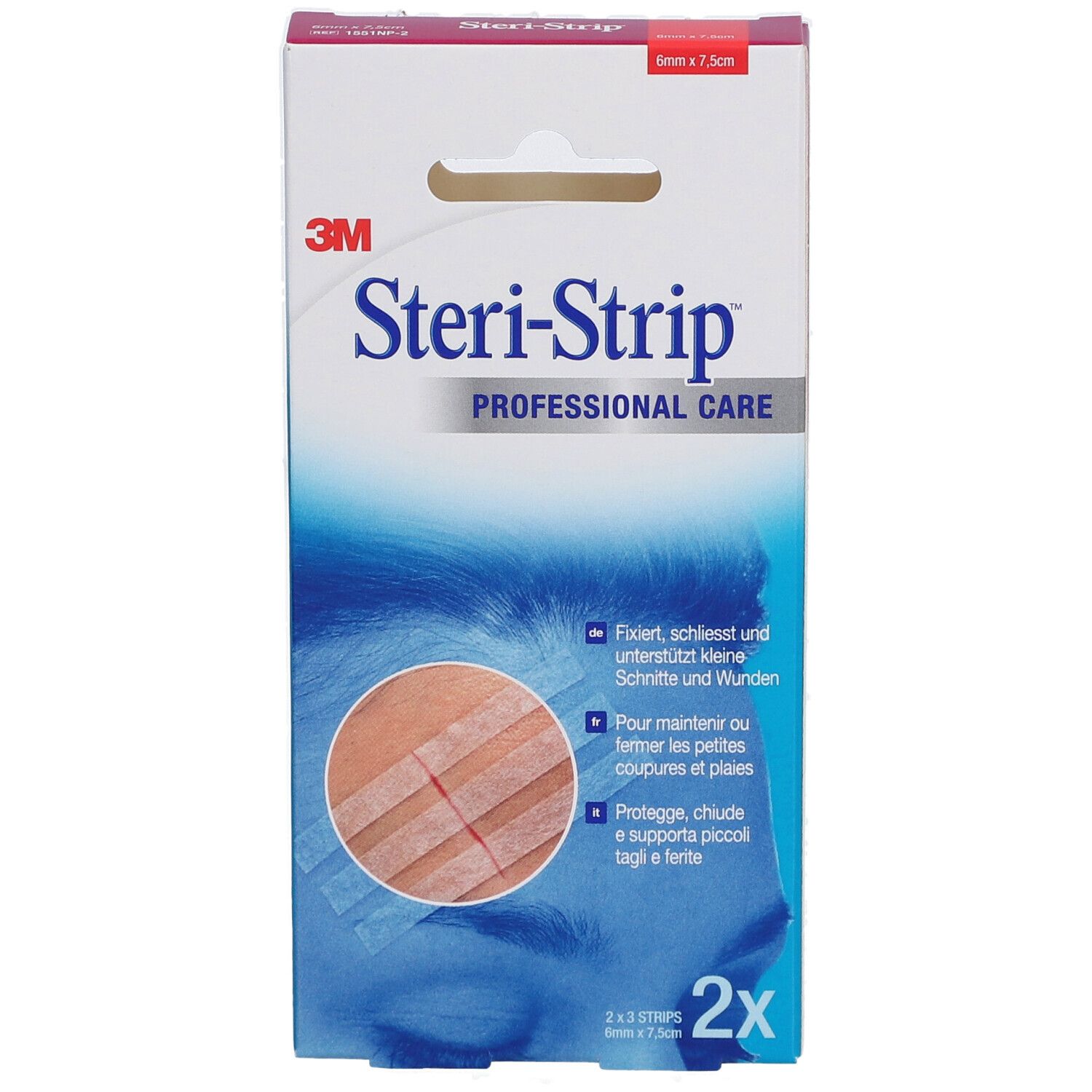 3M Steri-Strip verpakking. Productnaam en merk zichtbaar. Bevat 2 x 3 strips. Illustratie van de toepassing.