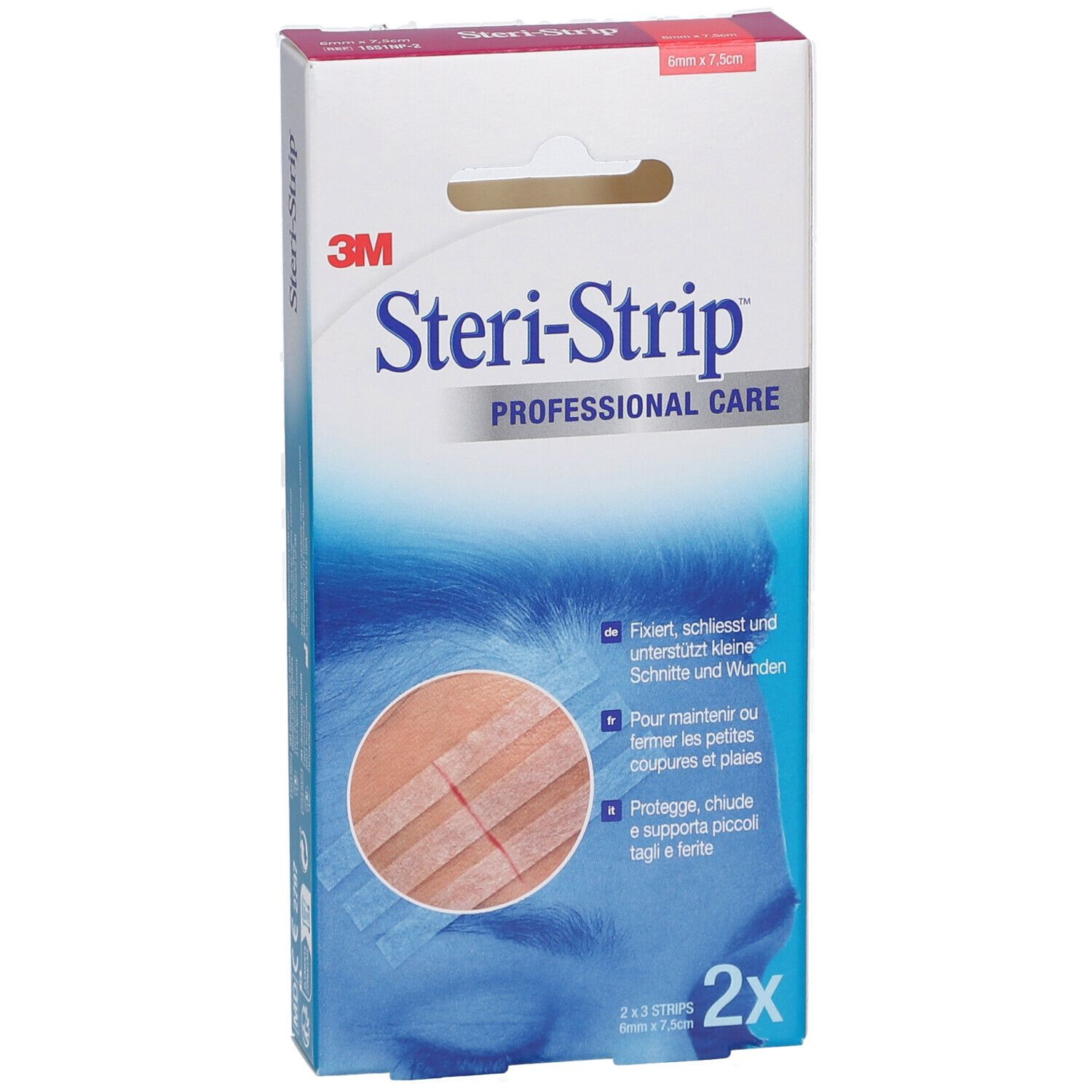 3M Steri-Strip verpakking. Productnaam en merk zichtbaar. Bevat 2 x 3 strips. Illustratie van de toepassing.