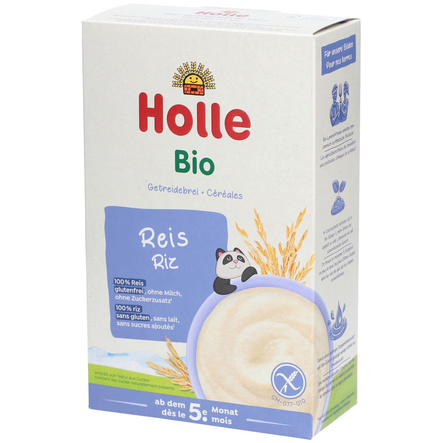 Doos Holle Bio Getreidebrei Reis. Opdrukken: logo, productnaam, ingrediënten, panda-illustratie, vanaf 5 maanden.