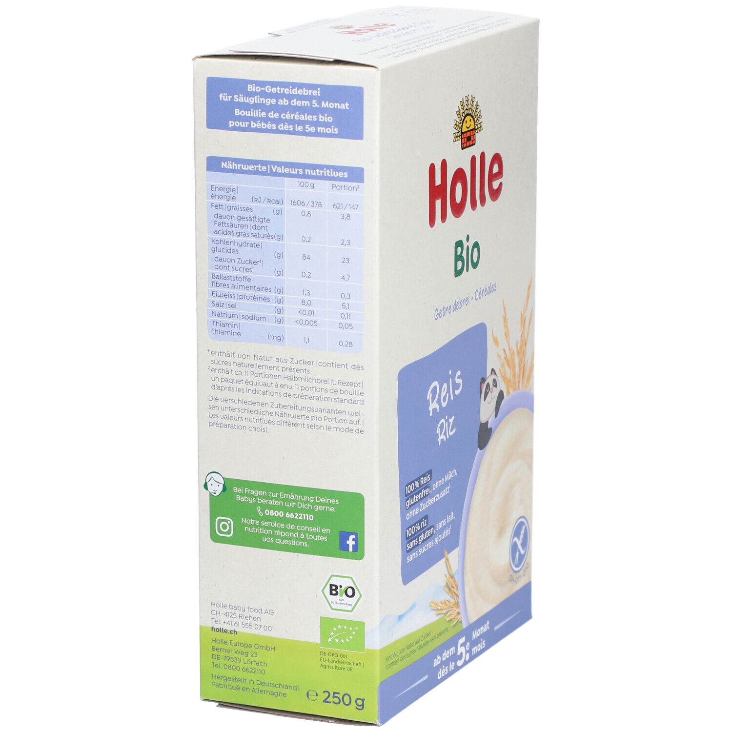 Achterkant verpakking Holle Bio Getreidebrei Reis. Bevat voedingswaarden, bio-keurmerk, contactgegevens en gewicht van 250g.