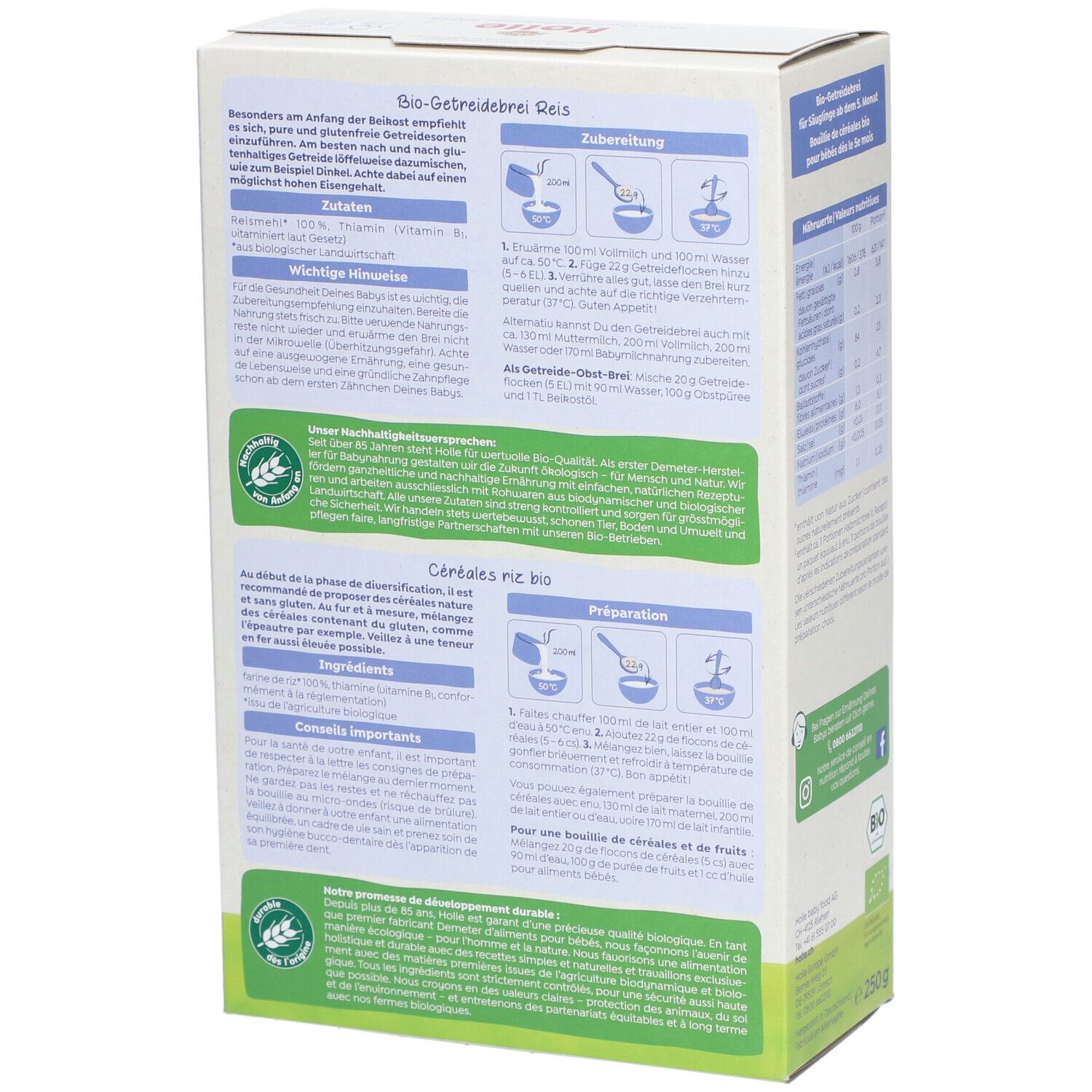 Achterkant verpakking Holle Bio Getreidebrei Reis. Bereidingsinstructies, ingrediëntenlijst, bio-keurmerk en overige informatie.
