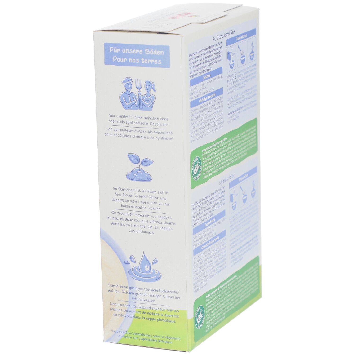 Zijkant verpakking Holle Bio Getreidebrei Reis. Tekst over biologische landbouw, illustraties en bio-keurmerk.