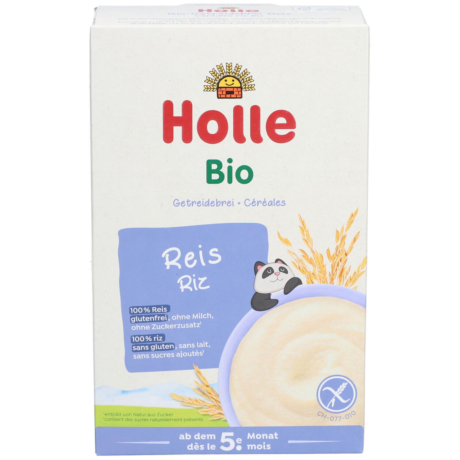 Voorkant verpakking Holle Bio Getreidebrei Reis. Logo, productnaam, ingrediënten, panda-illustratie, vanaf 5 maanden.
