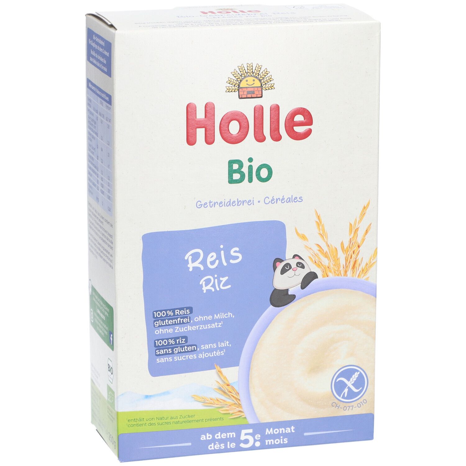 Voorkant verpakking Holle Bio Getreidebrei Reis. Logo, productnaam, ingrediënten, panda-illustratie, vanaf 5 maanden.