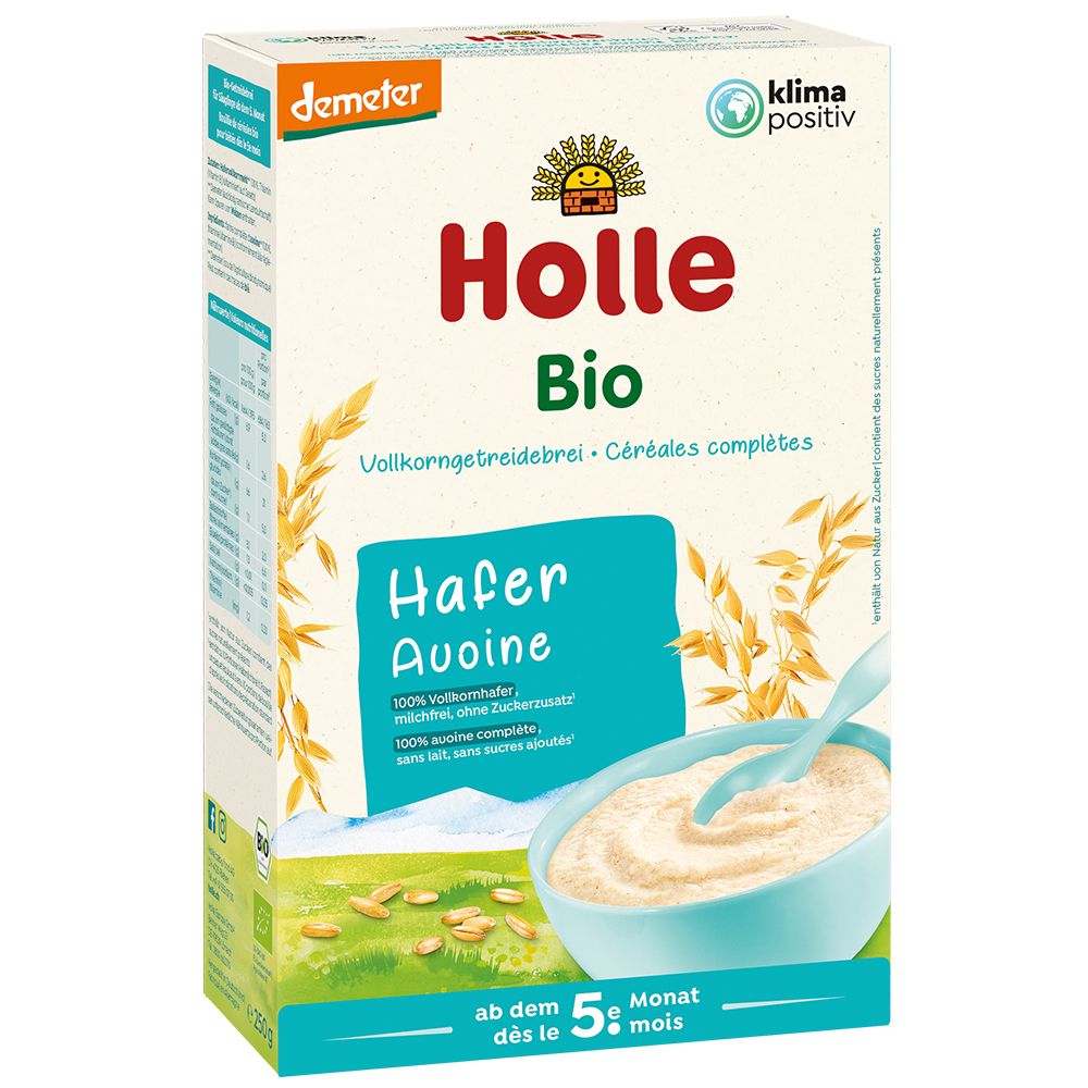 Holle Bio Haferflockenbrei, dès le 5e mois. Boîte avec image du produit, texte et logo. Label Demeter.