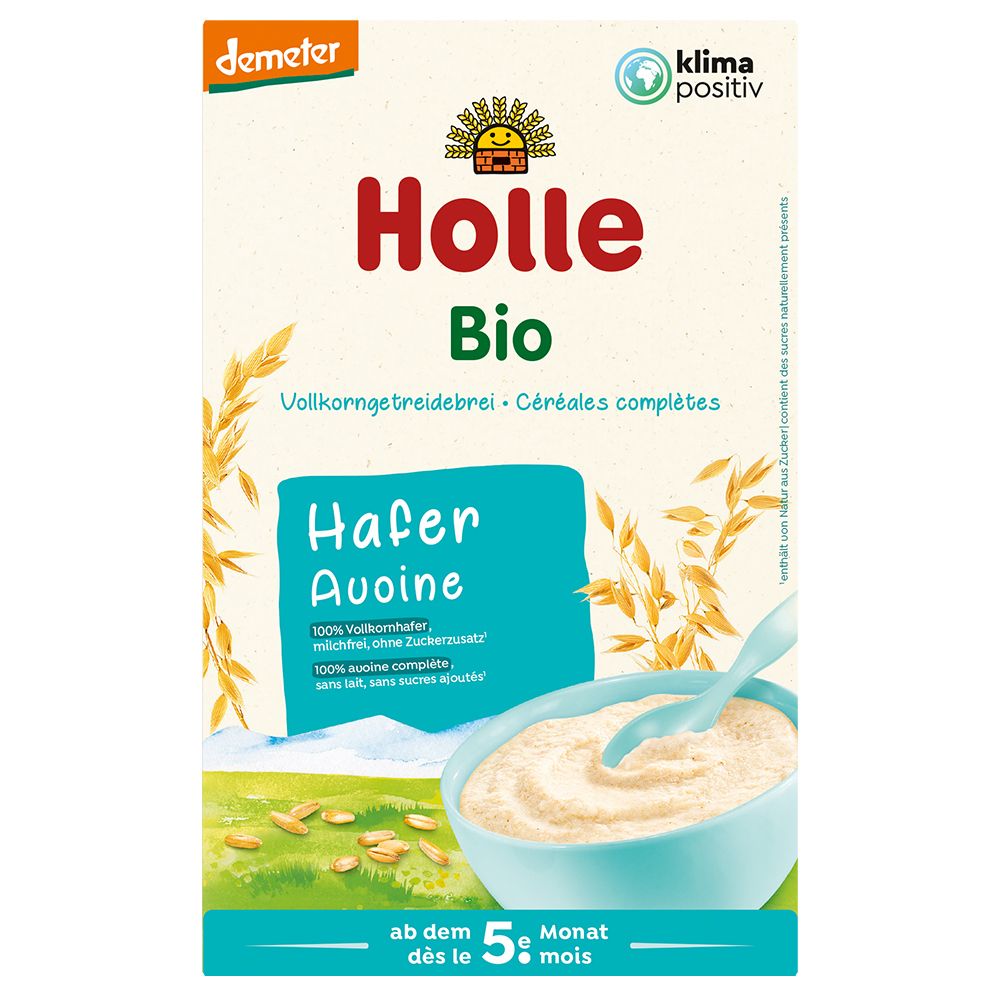 Holle Bio Haferflockenbrei, dès le 5e mois. Boîte avec image du produit, texte et logo. Label Demeter.