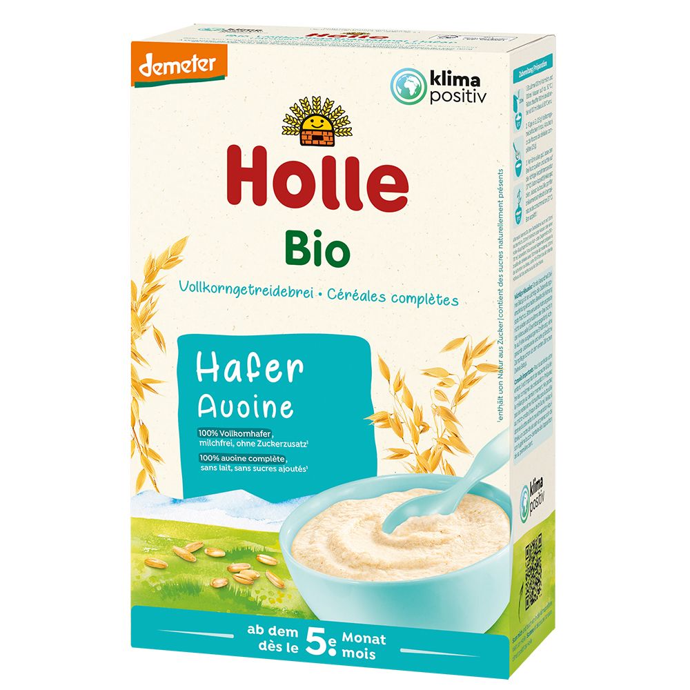 Holle Bio Haferflockenbrei, dès le 5e mois. Boîte avec image du produit, texte et logo. Label Demeter.