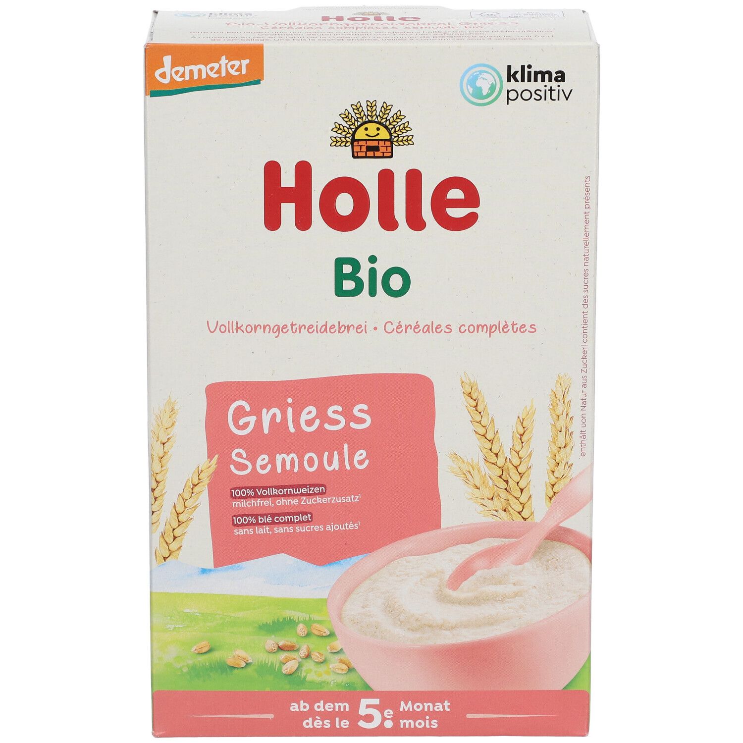 Verpakking Holle Bio Grieß, Demeter-keurmerk, Klima positiv. Roze veld met griesmeel, tarwearen, vanaf 5 maanden.