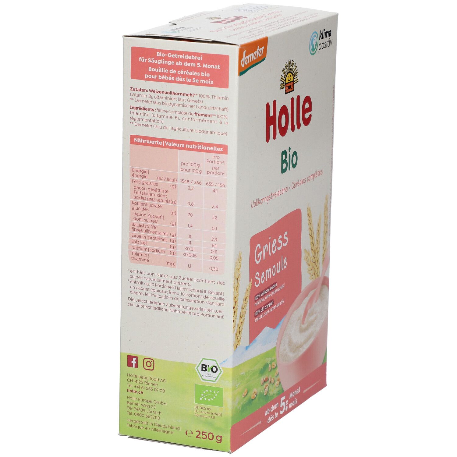 Verpakking Holle Bio Grieß, zijaanzicht. Tekst: ingrediënten, voedingswaarden, bio-label, 250g. Demeter-keurmerk, Klima positiv.