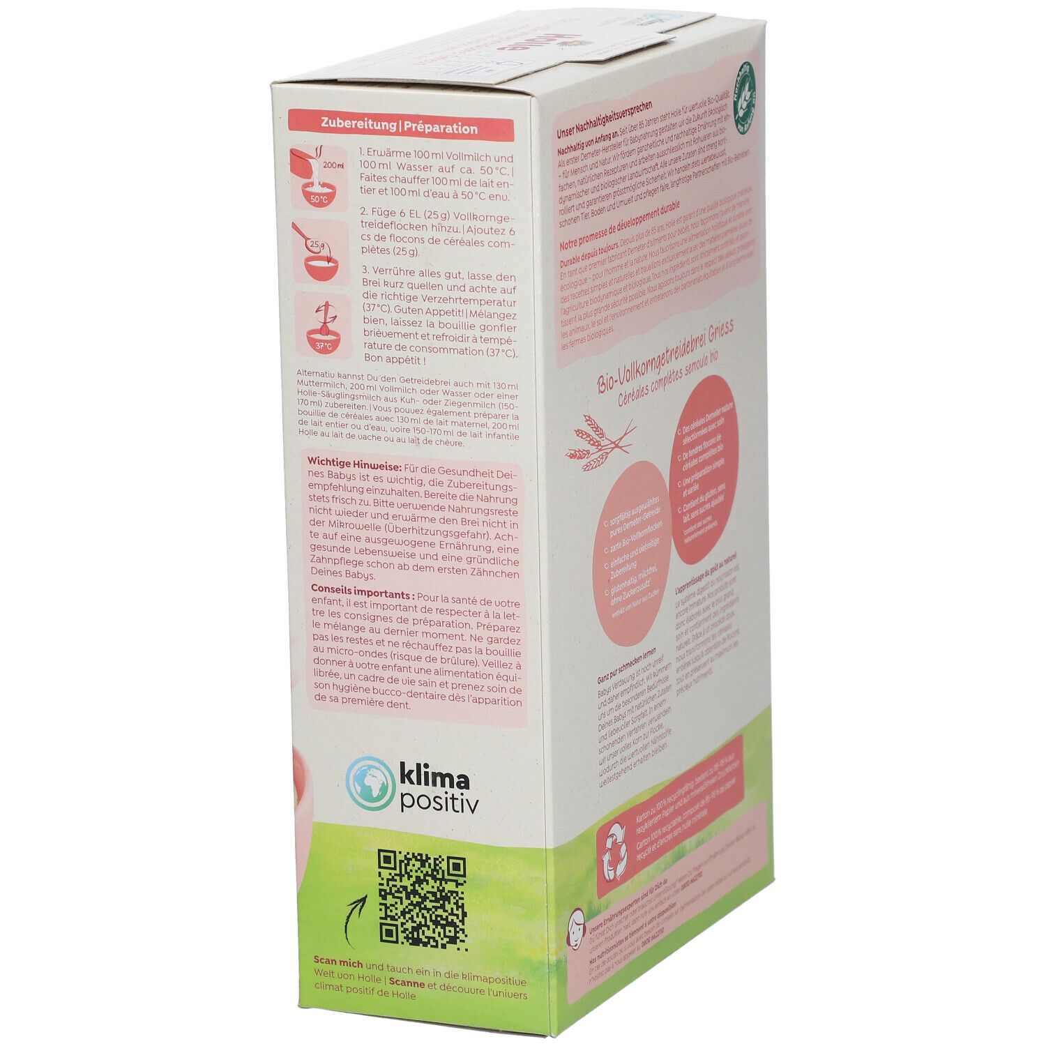 Verpakking Holle Bio Grieß, achterkant. Bereiding, belangrijke opmerkingen, Klima positiv, QR-code, recyclingsymbool.