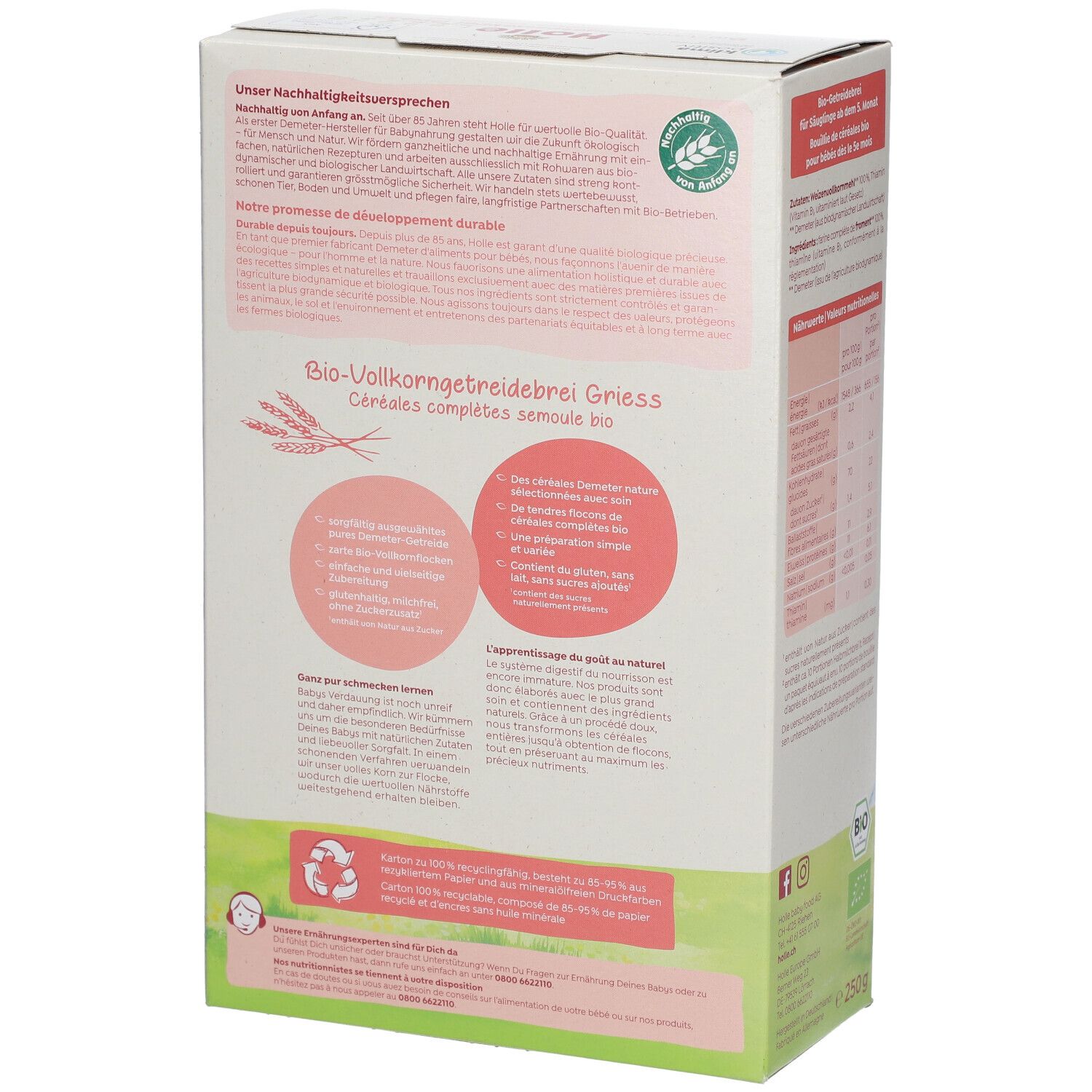 Verpakking Holle Bio Grieß, achterkant. Tekst: duurzaamheidsbelofte, biologische volkoren griesmeel, recyclingsymbool, bio-label.