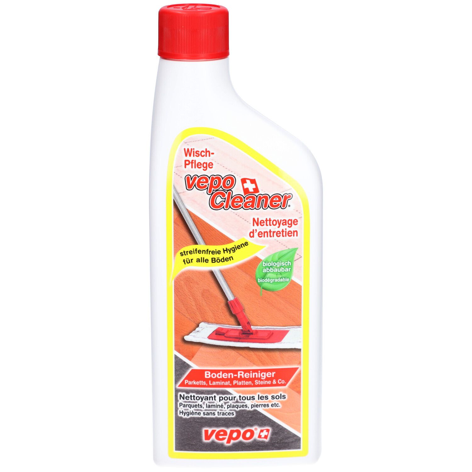 Vepo Cleaner vloerreiniger fles met rode dop. Toont een dweil op houten vloer.