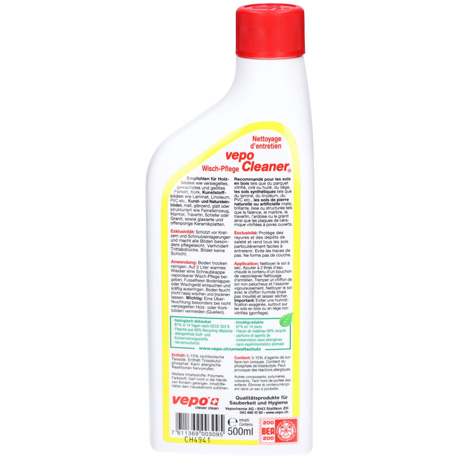 Vepo Cleaner fles met rode dop, 500ml. Bevat tekst over reiniging en onderhoud.
