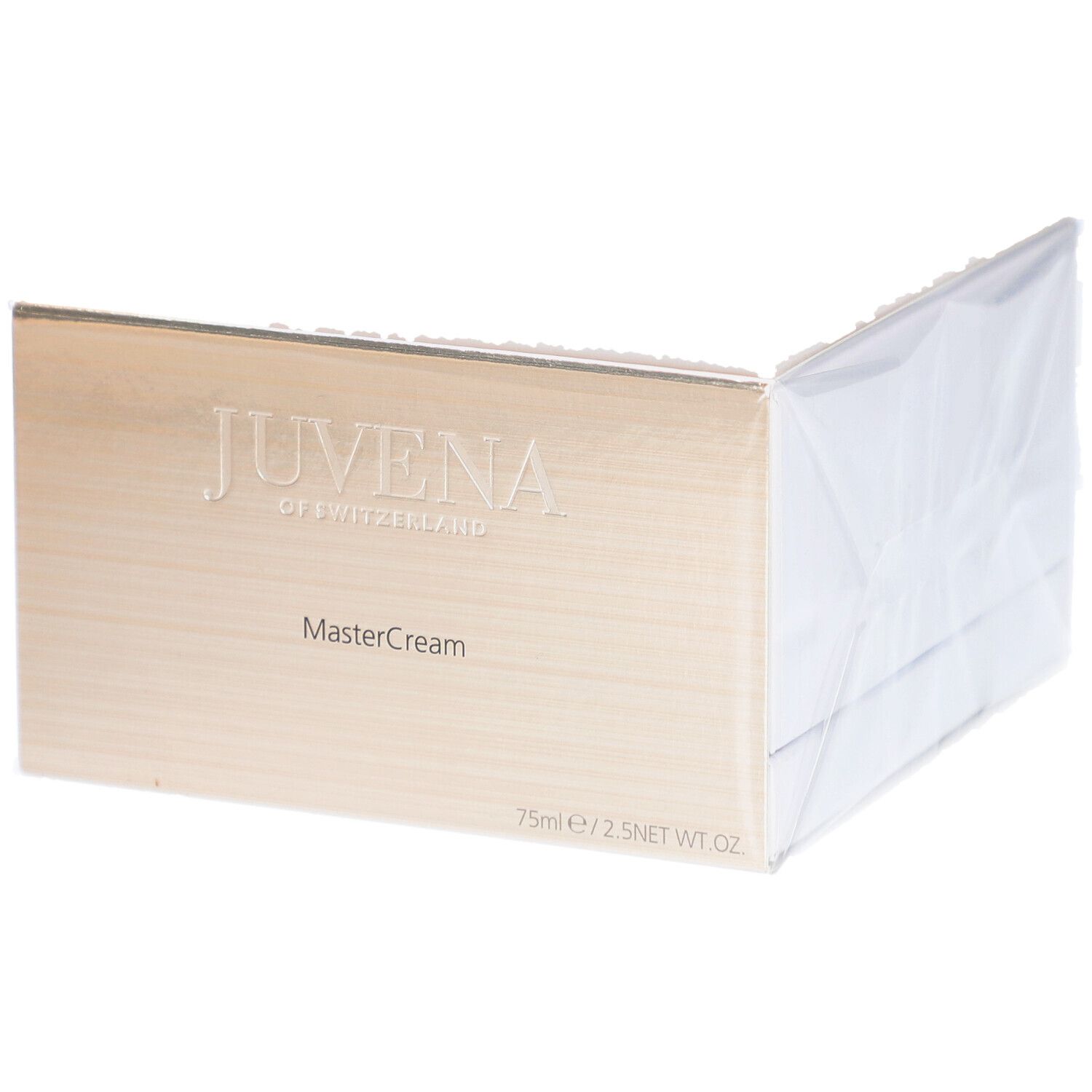 Emballage en carton. Inscription: JUVENA OF SWITZERLAND, MasterCream. 75ml/2.5 NET WT OZ. Fond blanc.
