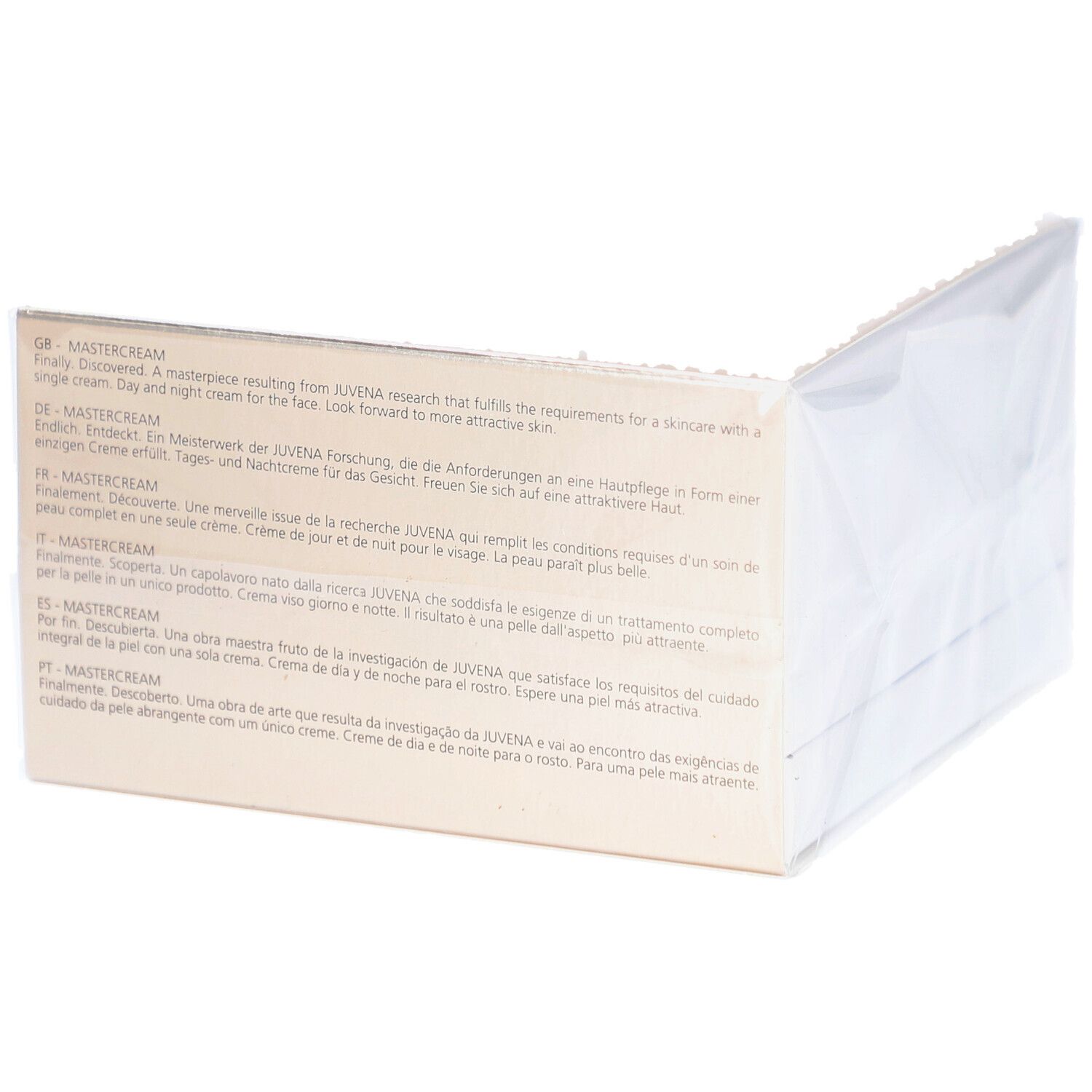 Emballage en carton. Inscription: MasterCream. Texte en plusieurs langues. Emballage sous film.