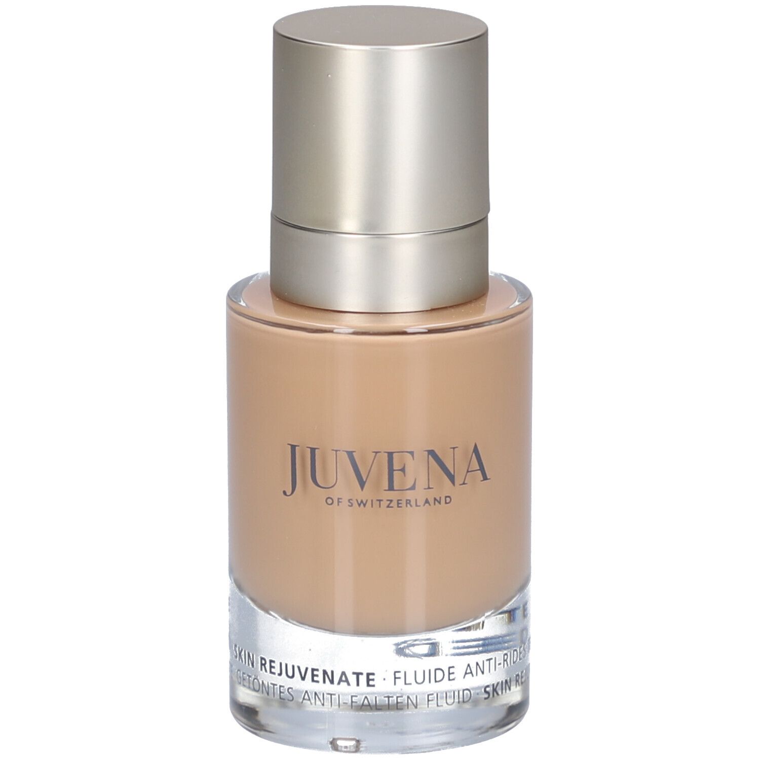 Flacon en verre avec bouchon argenté. Inscription: Juvena of Switzerland. Skin Rejuvenate.