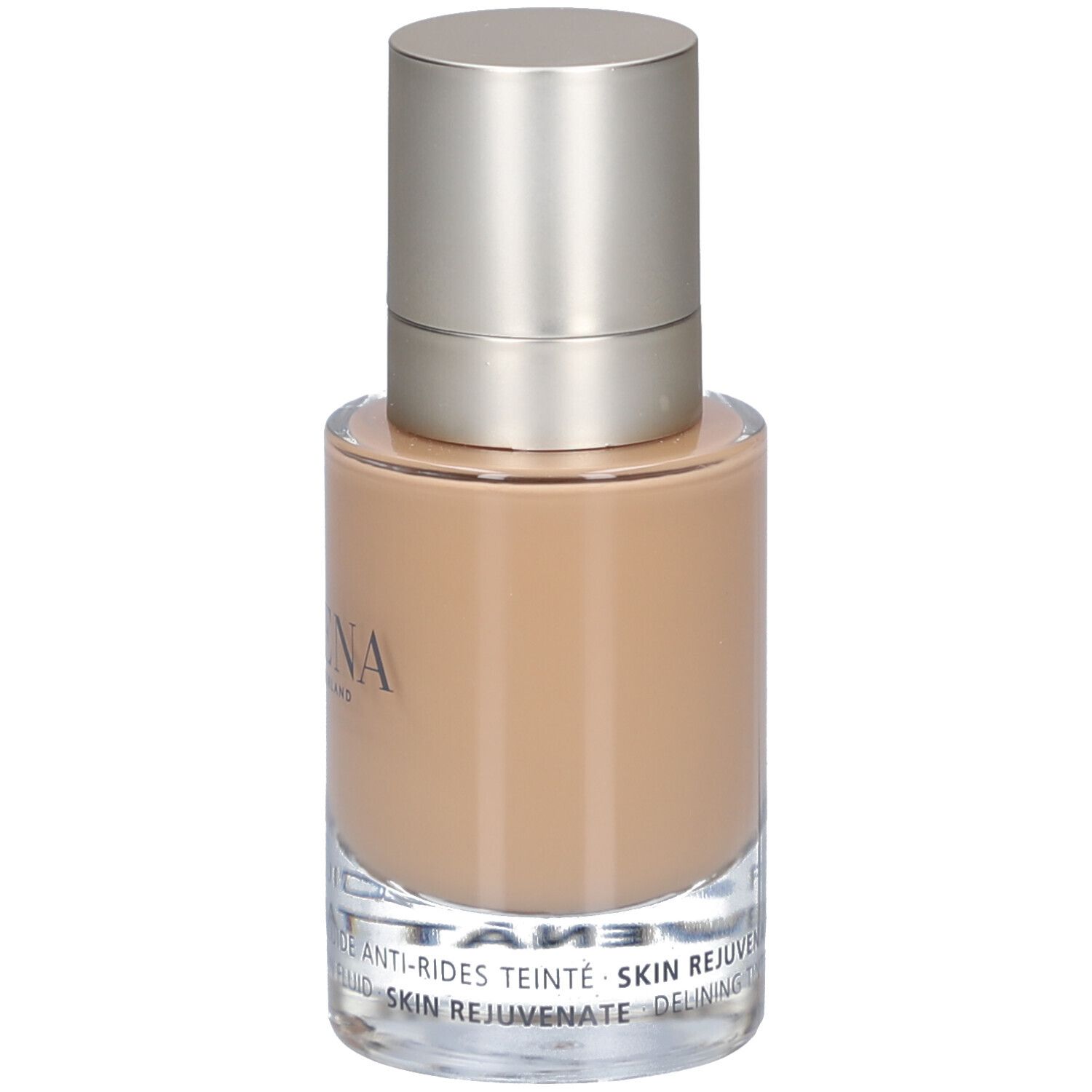 Flacon en verre avec bouchon argenté. Inscription: Juvena of Switzerland. Skin Rejuvenate.