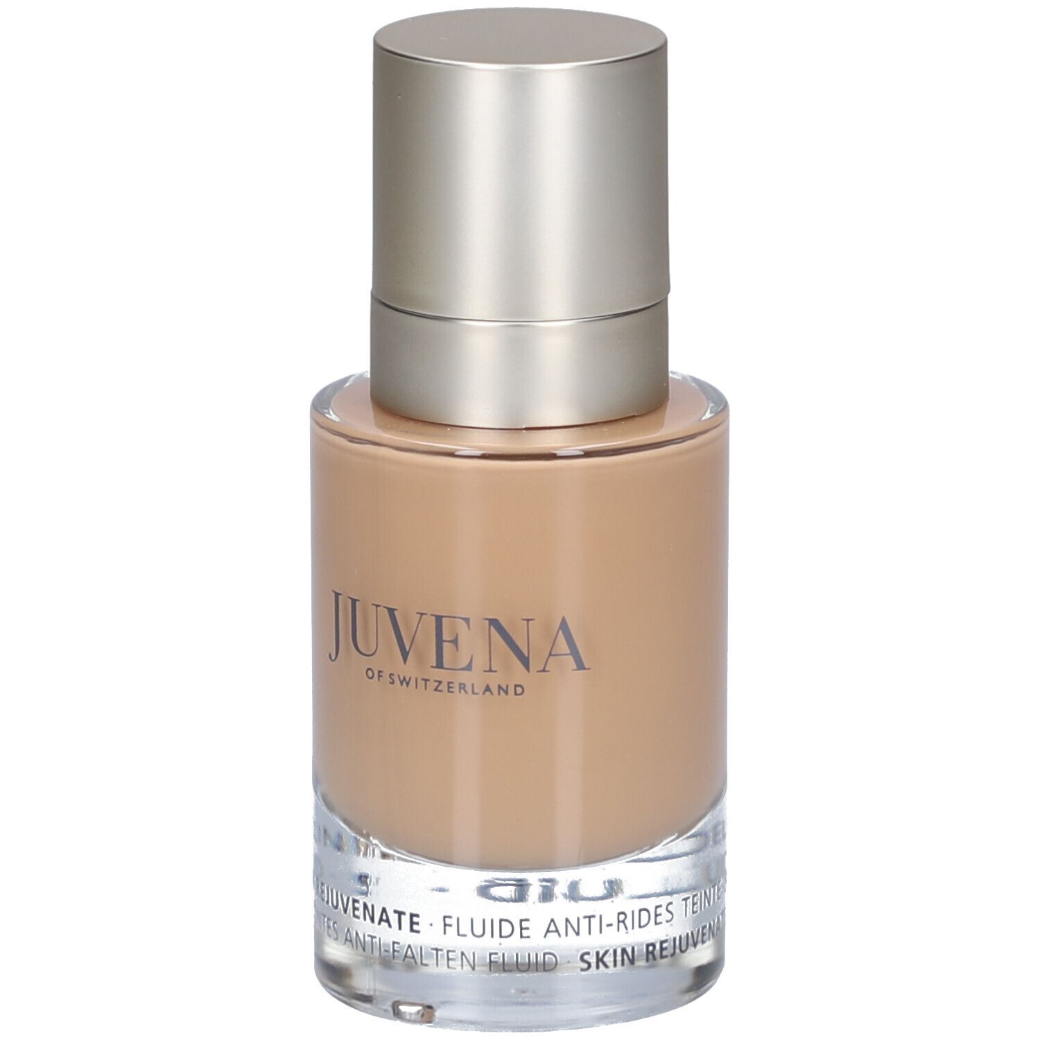 Flacon en verre avec bouchon argenté. Inscription: Juvena of Switzerland. Skin Rejuvenate.