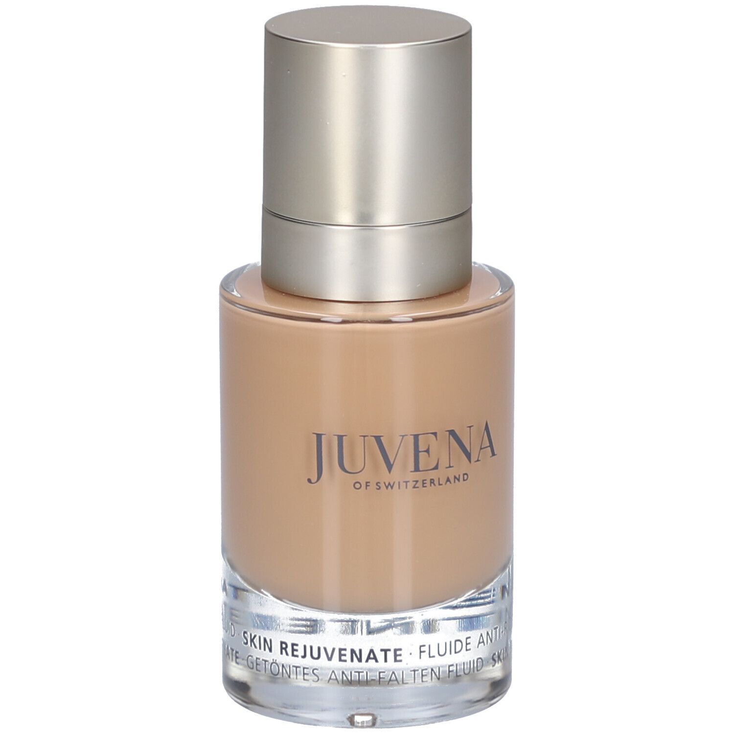 Flacon en verre avec bouchon argenté. Inscription: Juvena of Switzerland. Skin Rejuvenate.