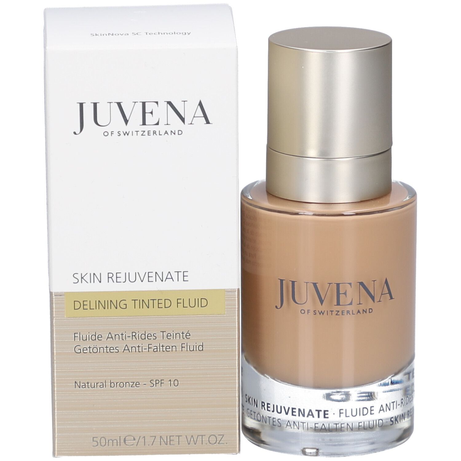 Flacon et emballage. Inscription: Juvena of Switzerland. Skin Rejuvenate. Natural bronze.