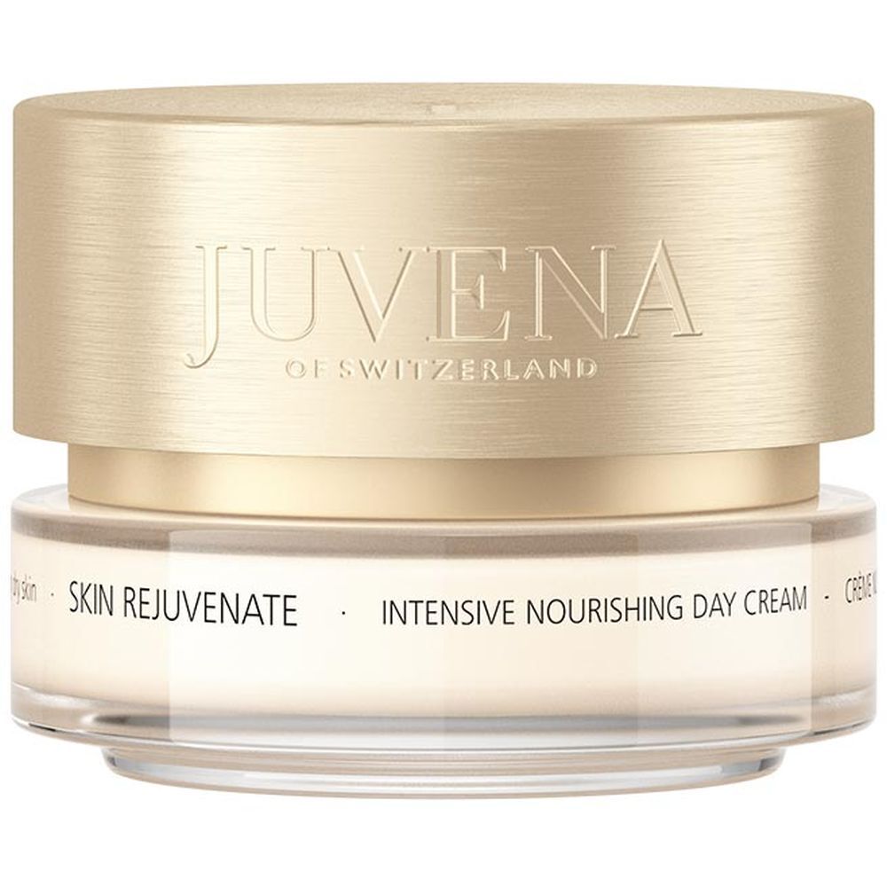 Pot de crème avec couvercle doré. Inscription: JUVENA OF SWITZERLAND. Texte: SKIN REJUVENATE, INTENSIVE NOURISHING DAY CREAM.