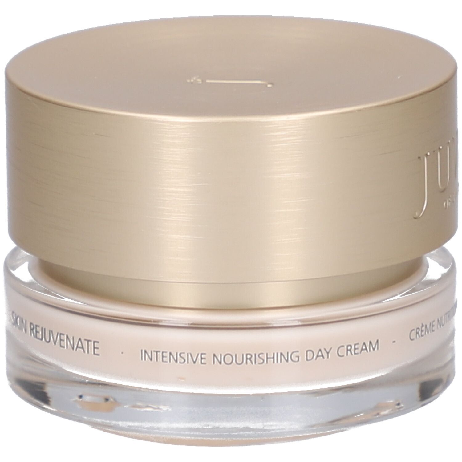 Pot de crème avec couvercle doré. Inscription: JUVENA OF SWITZERLAND. Texte: INTENSIVE NOURISHING DAY CREAM, Crème Nutrition Intense Jour.