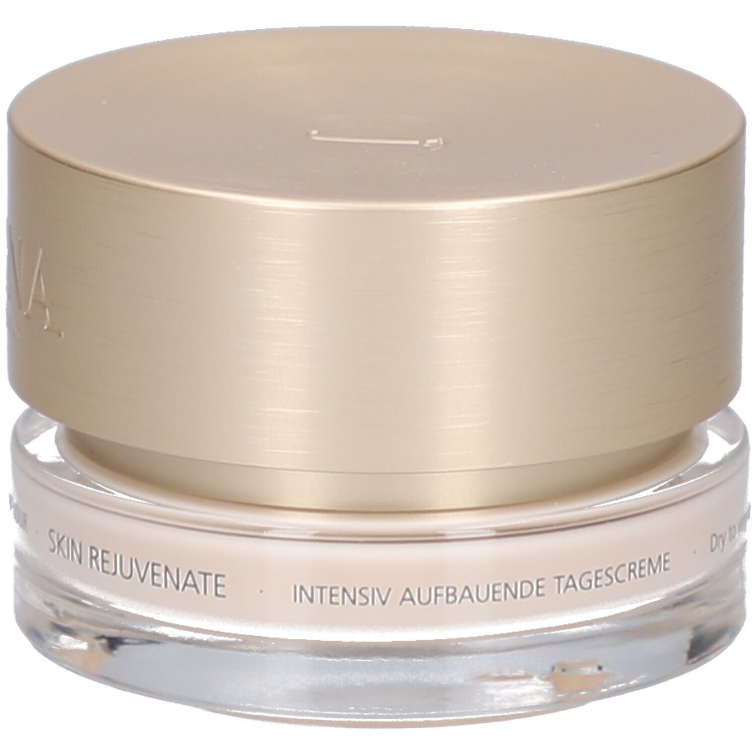 Pot de crème avec couvercle doré. Inscription: JUVENA OF SWITZERLAND. Texte: INTENSIV AUFBAUENDE TAGESCREME, SKIN REJUVENATE.