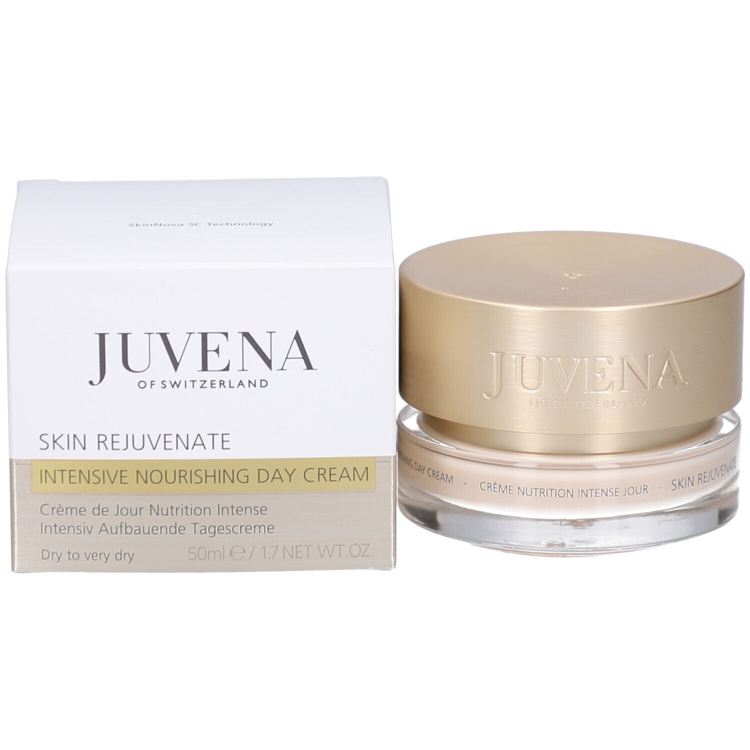 Pot de crème avec couvercle doré. Inscription: JUVENA OF SWITZERLAND. Texte: INTENSIVE NOURISHING DAY CREAM, Crème Nutrition Intense Jour.