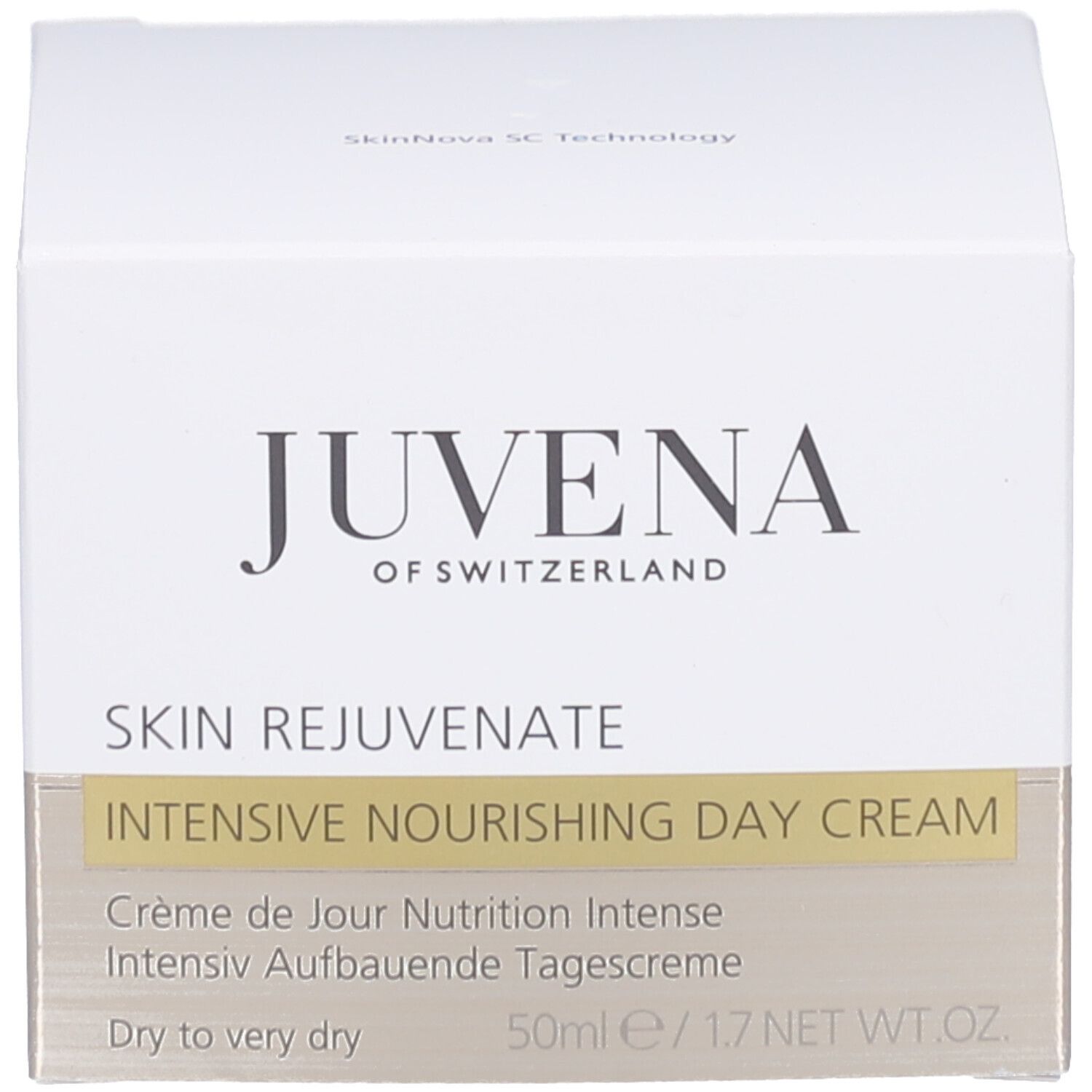 Pot de crème avec couvercle doré. Inscription: JUVENA OF SWITZERLAND. Texte: INTENSIVE NOURISHING DAY CREAM, Crème Nutrition Intense Jour.