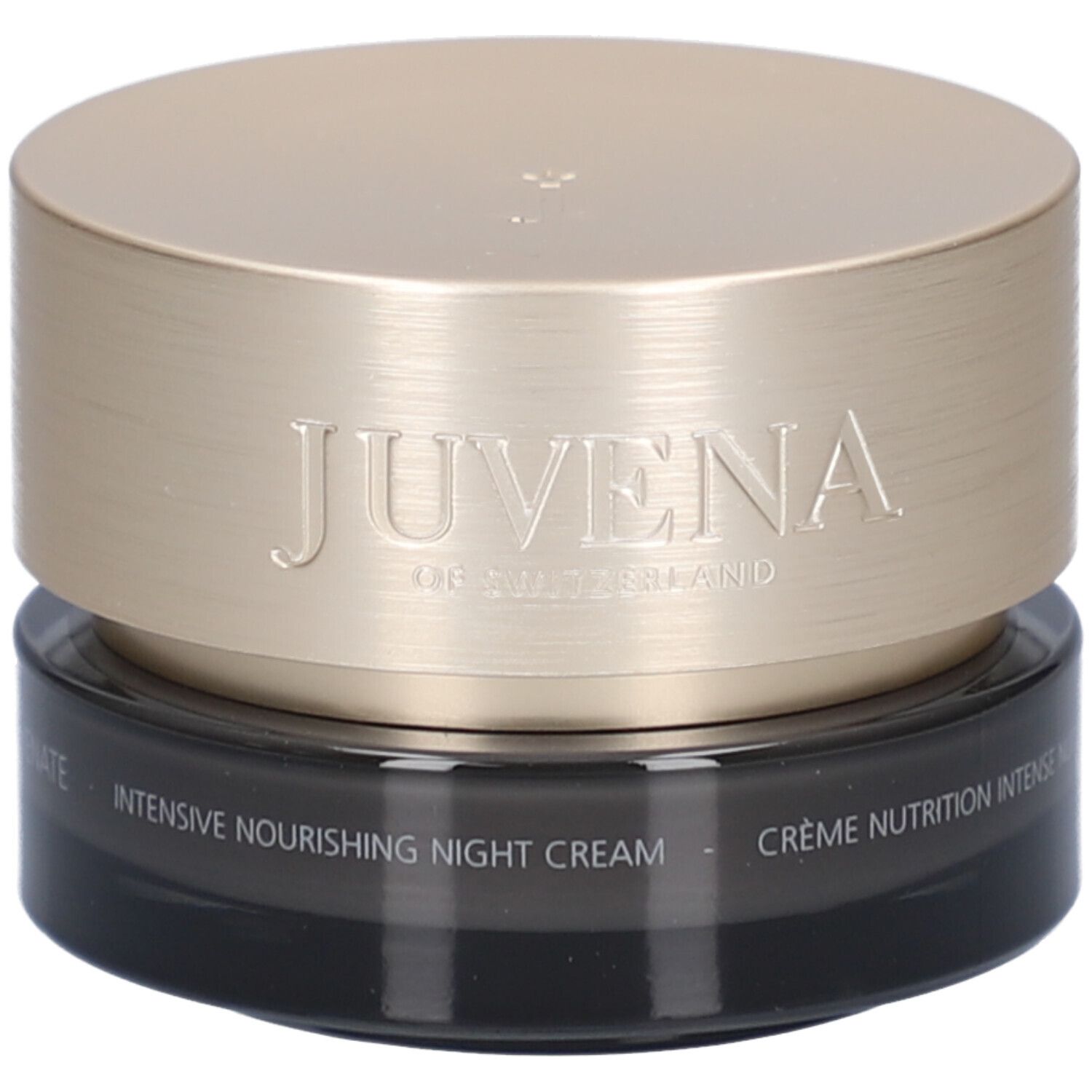 Pot de crème foncé avec couvercle doré. Inscription : JUVENA OF SWITZERLAND. Texte : Intensive Nourishing Night Cream.