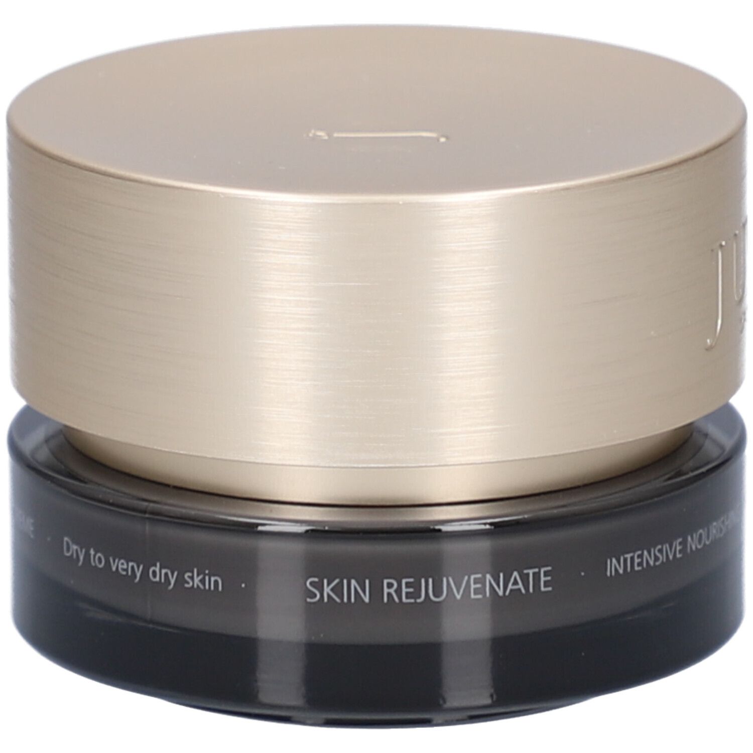 Pot de crème foncé avec couvercle doré. Inscription : JUVENA. Texte : Skin Rejuvenate, Intensive Nourishing Night Cream.