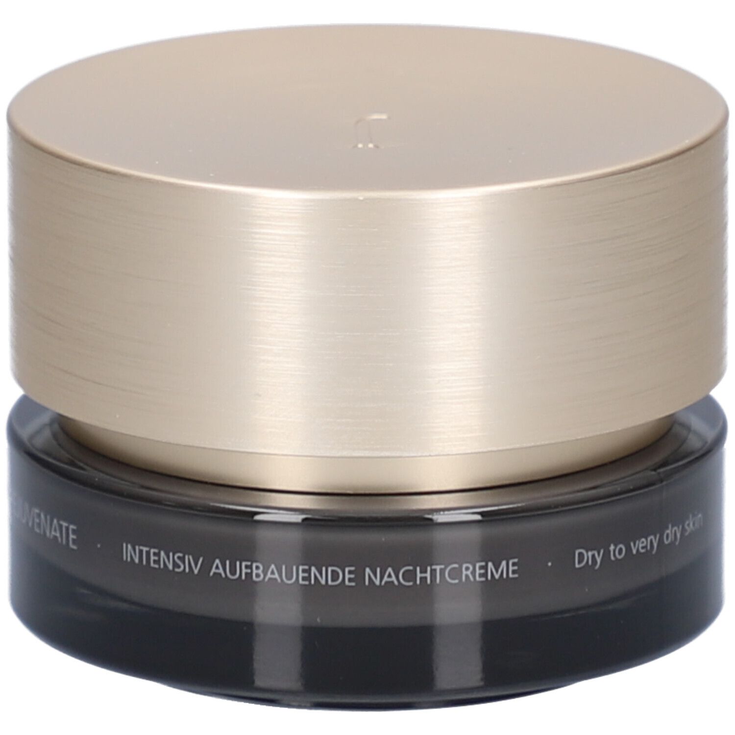 Pot de crème foncé avec couvercle doré. Inscription : JUVENA. Texte : Intensiv Aufbauende Nachtcreme.