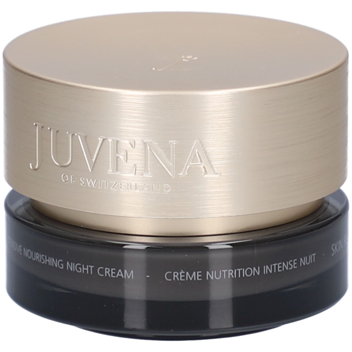 Pot de crème foncé avec couvercle doré. Inscription : JUVENA OF SWITZERLAND. Texte : Intensive Nourishing Night Cream.
