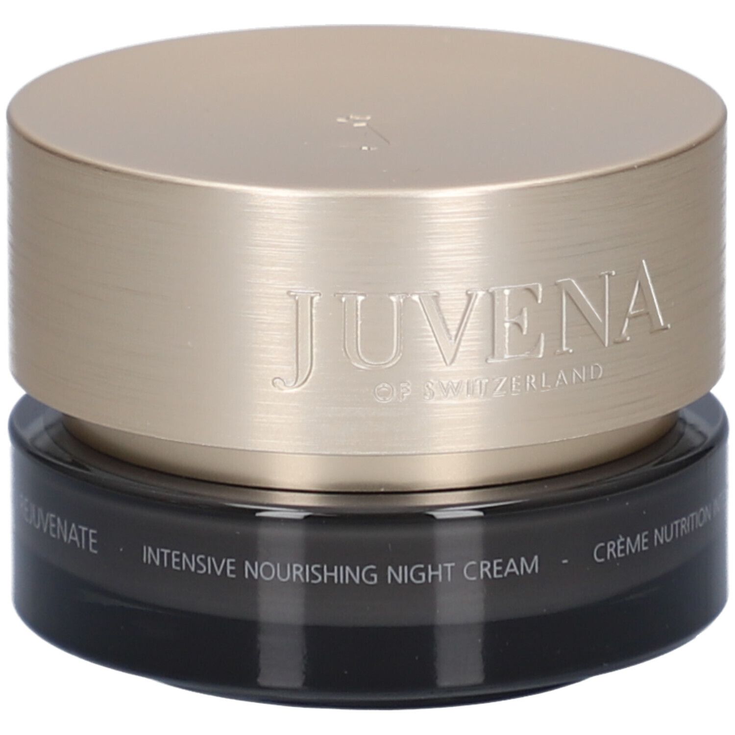 Pot de crème foncé avec couvercle doré. Inscription : JUVENA OF SWITZERLAND. Texte : Intensive Nourishing Night Cream.