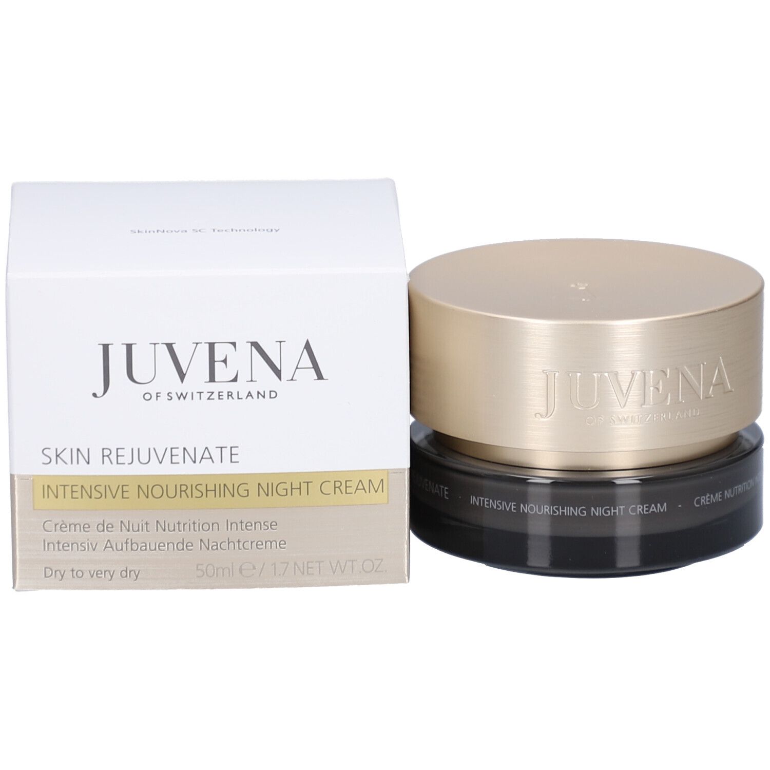Pot de crème avec couvercle doré et boîte. Inscription : JUVENA OF SWITZERLAND. Texte : Intensive Nourishing Night Cream.